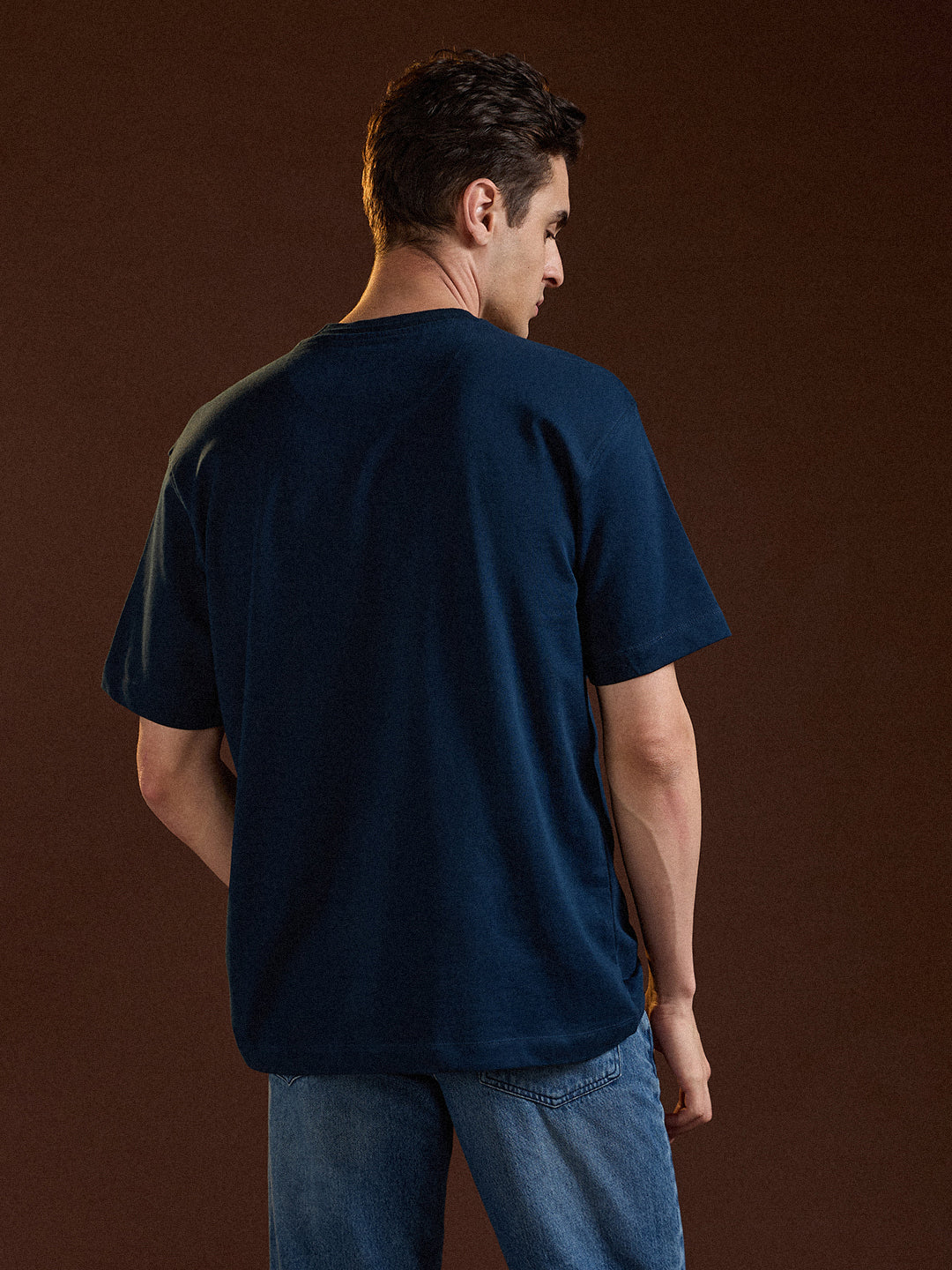 Men Blue Oversize Graphic Design Crew Neck T-shirt