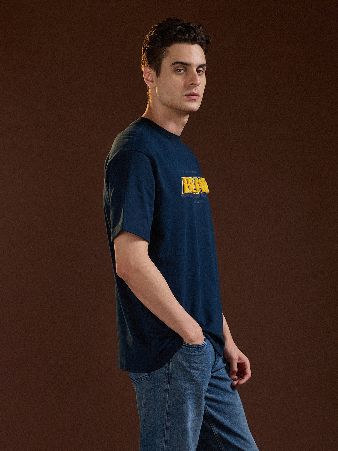 Men Blue Oversize Graphic Design Crew Neck T-shirt