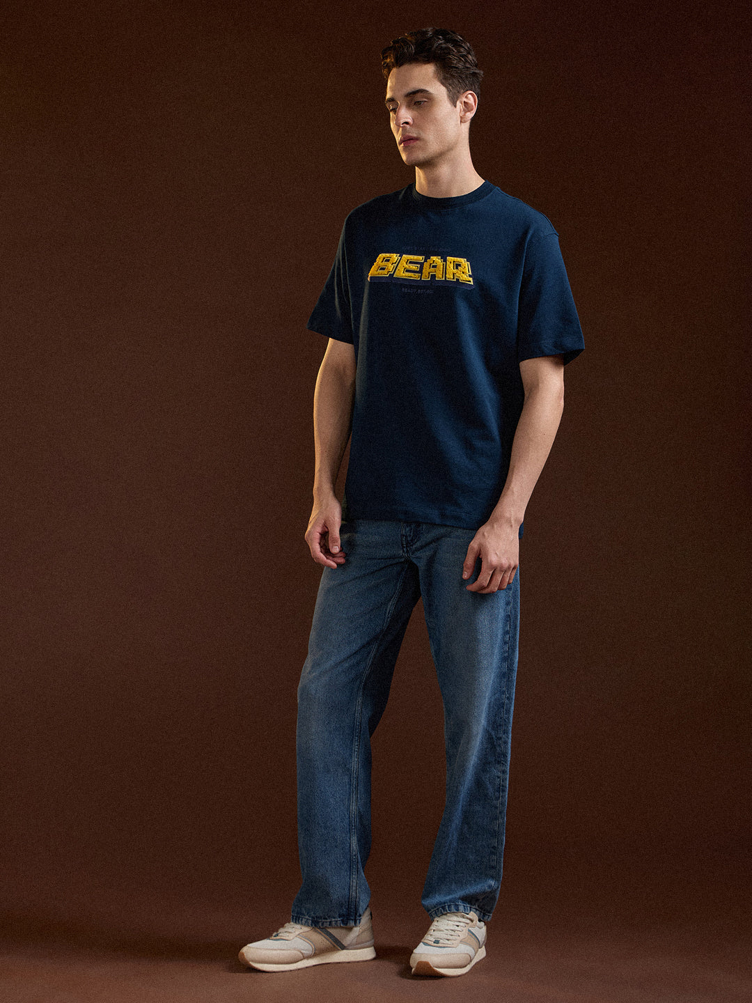 Men Blue Oversize Graphic Design Crew Neck T-shirt