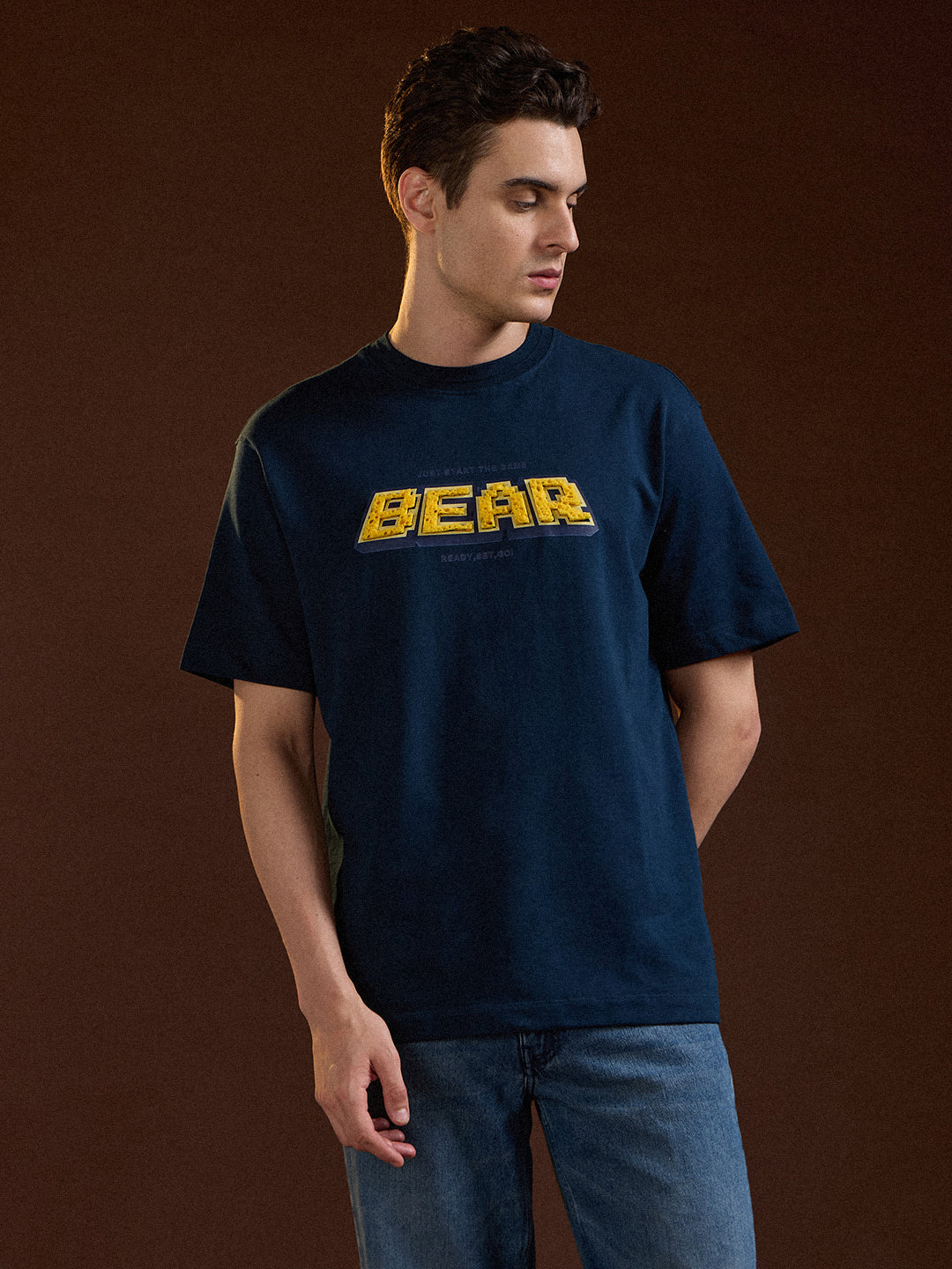 Men Blue Oversize Graphic Design Crew Neck T-shirt