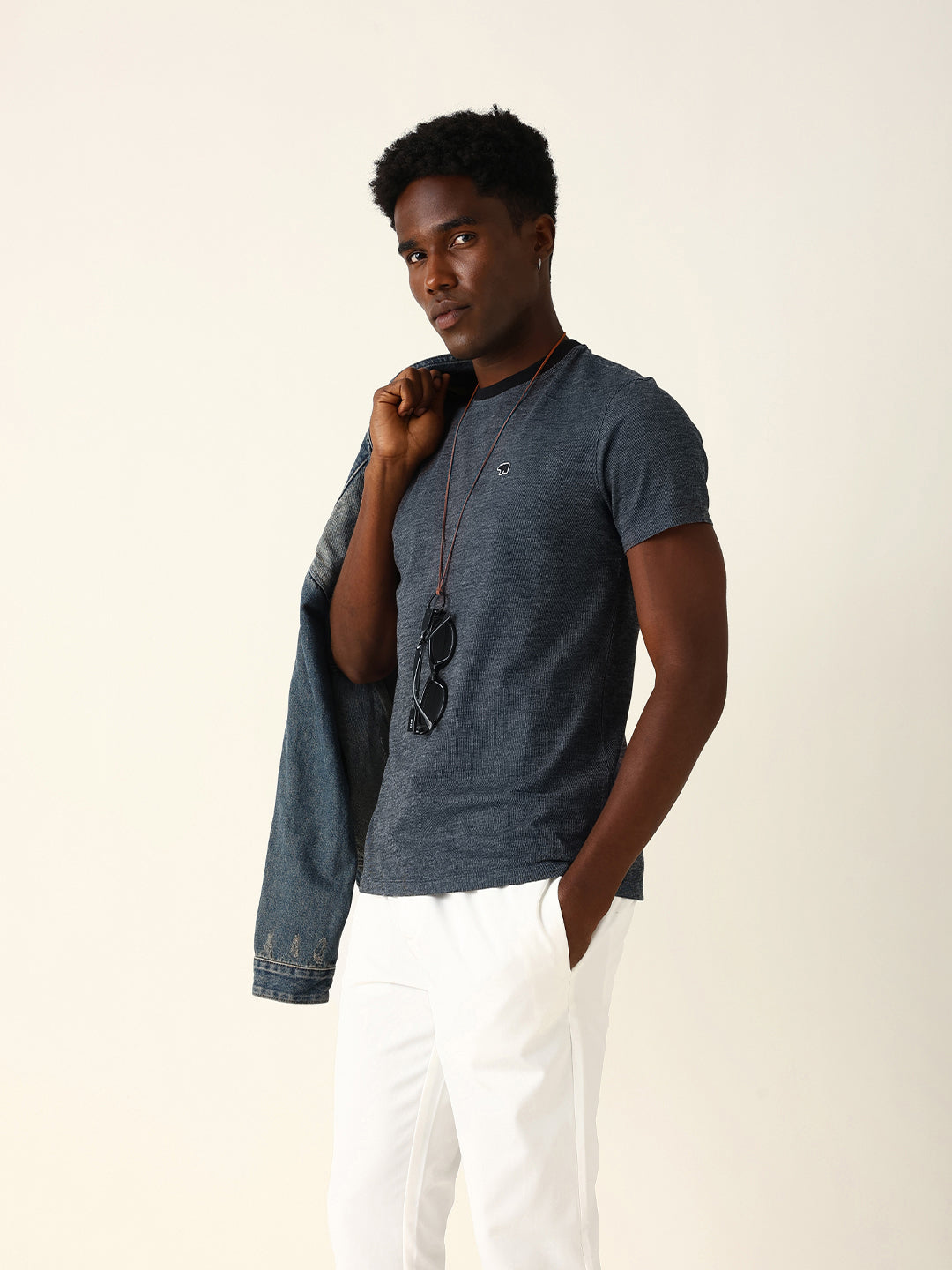 Men Blue Solid Cotton T-Shirt