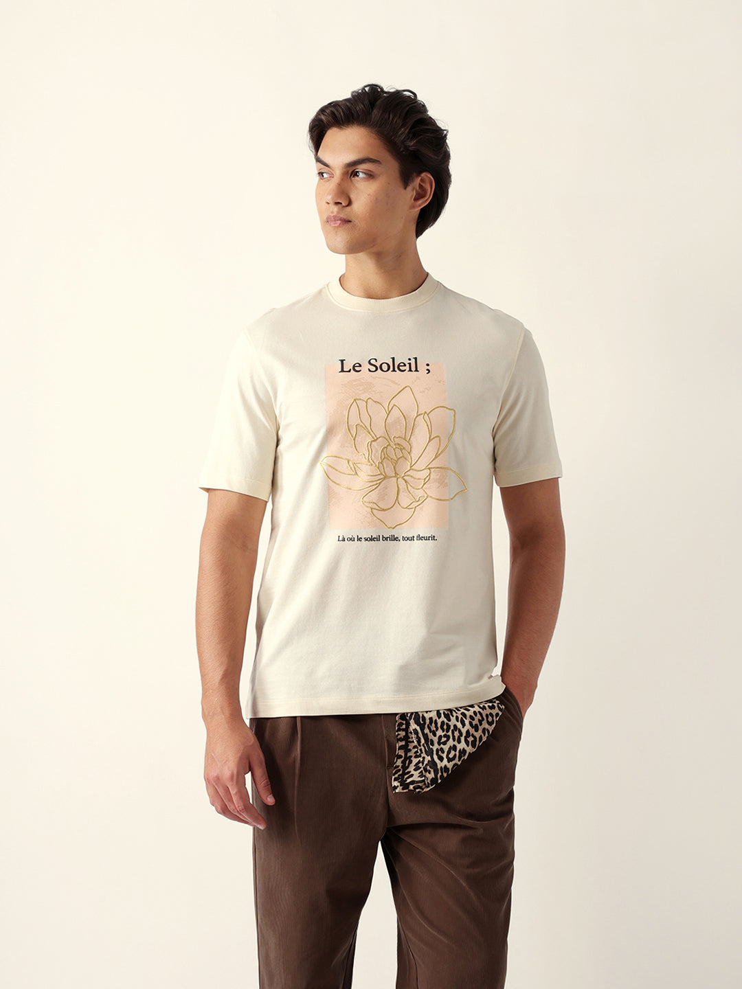 Men Cream Graphic Cotton T-Shirt