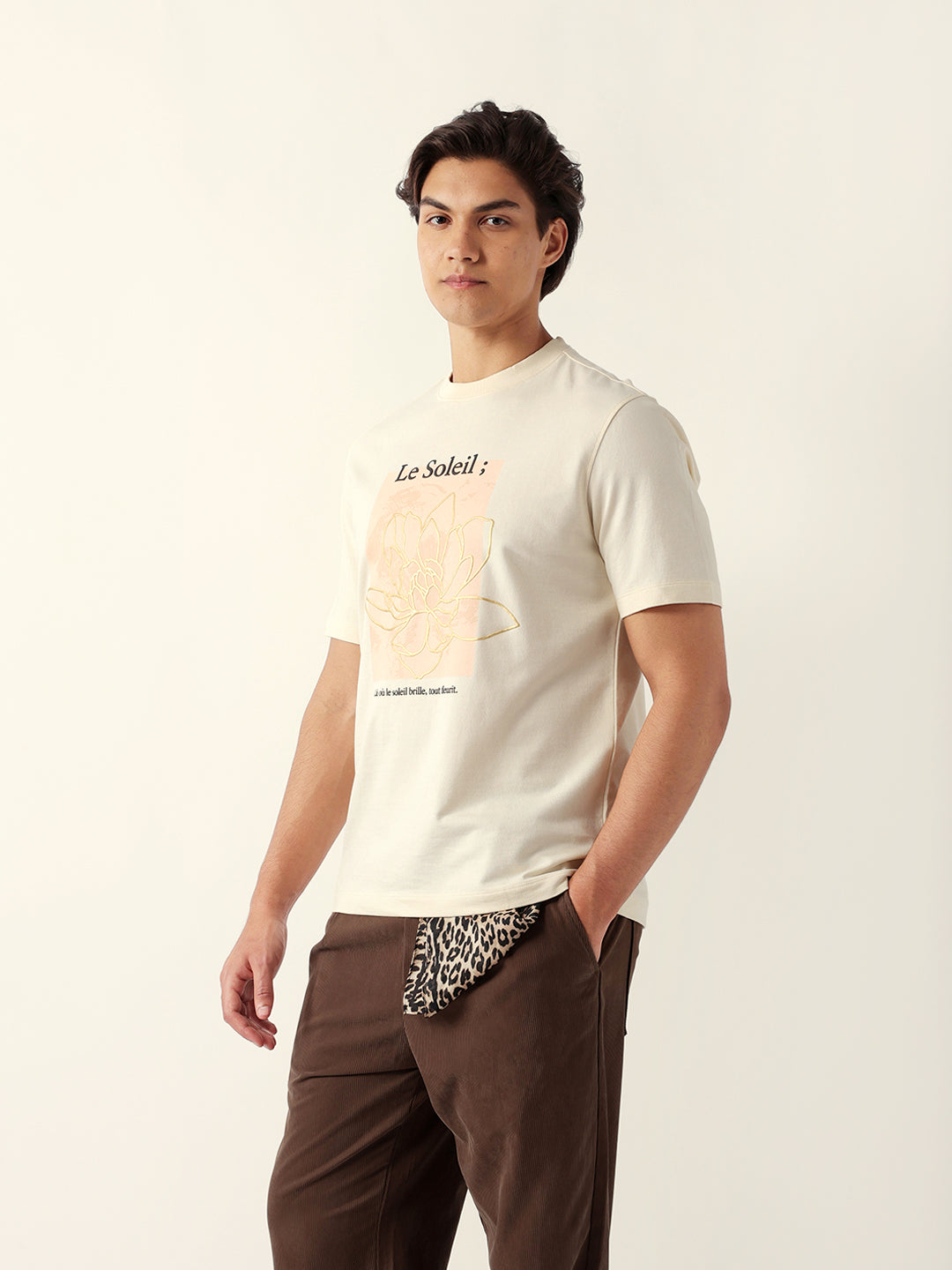 Men Cream Graphic Cotton T-Shirt