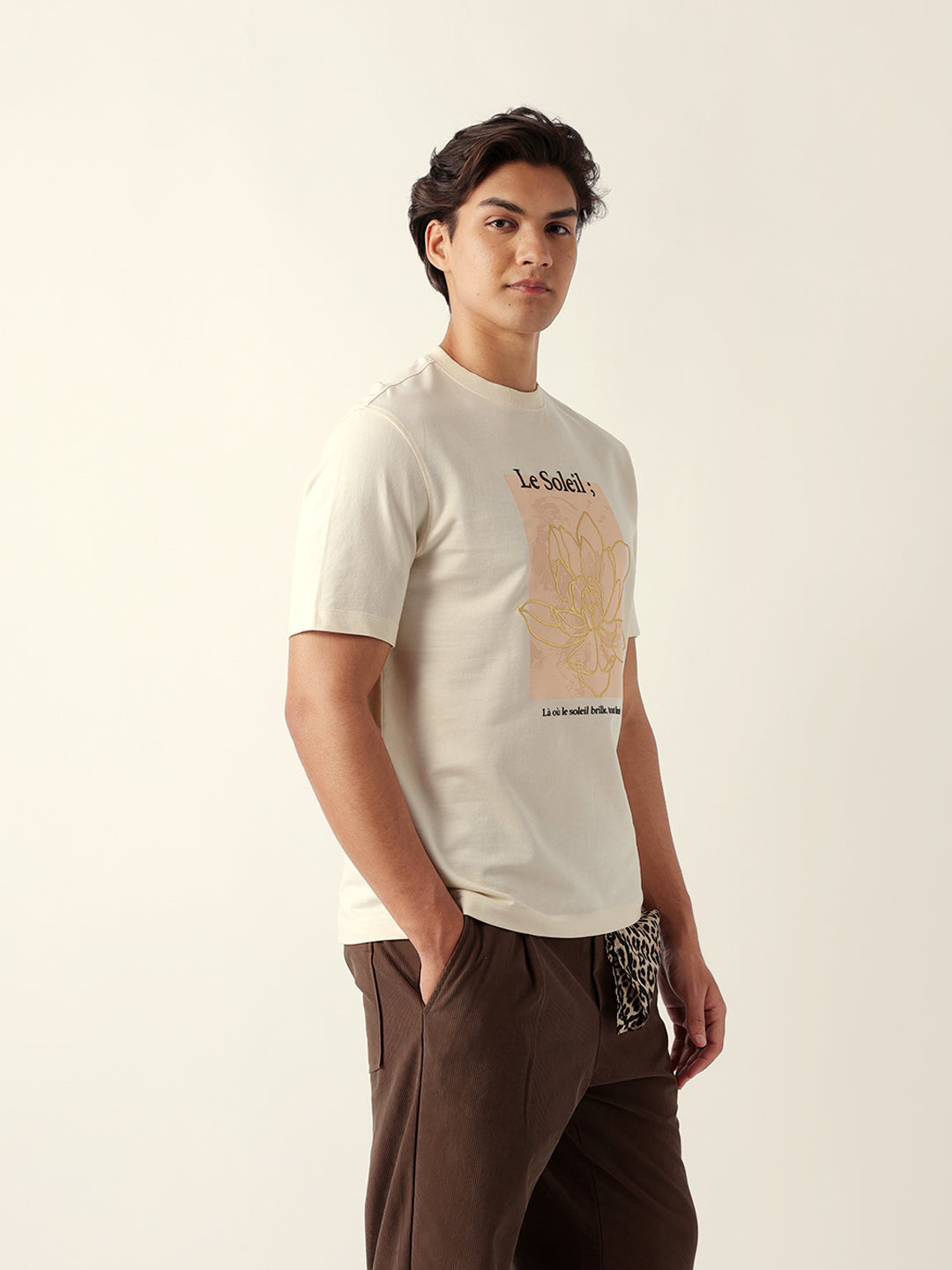 Men Cream Graphic Cotton T-Shirt