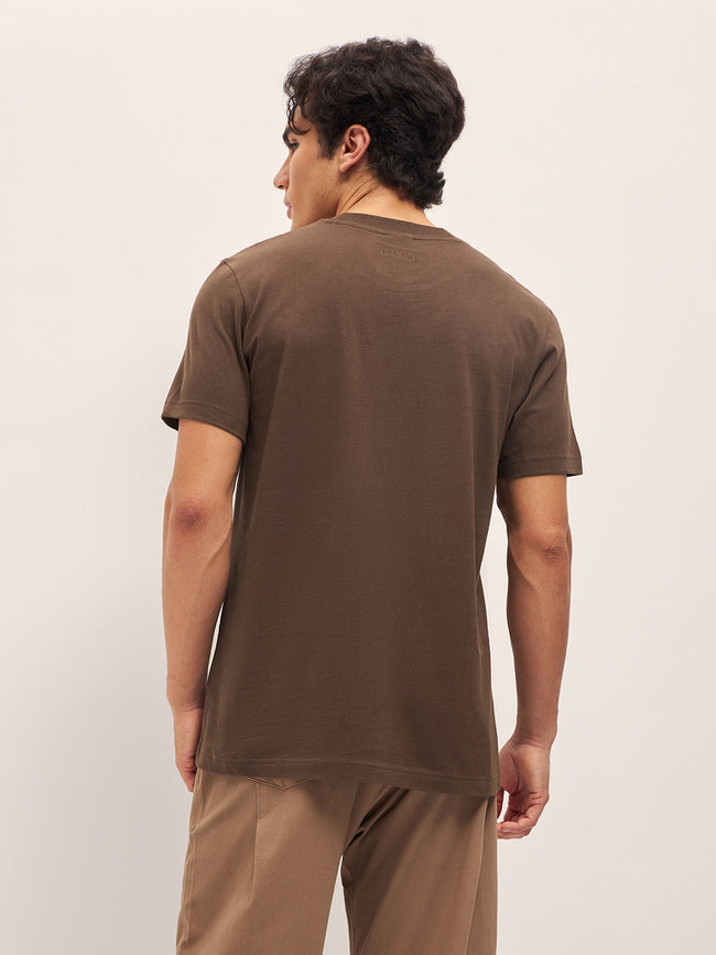 Men Brown Solid Crew Neck Regular Fit T-Shirt