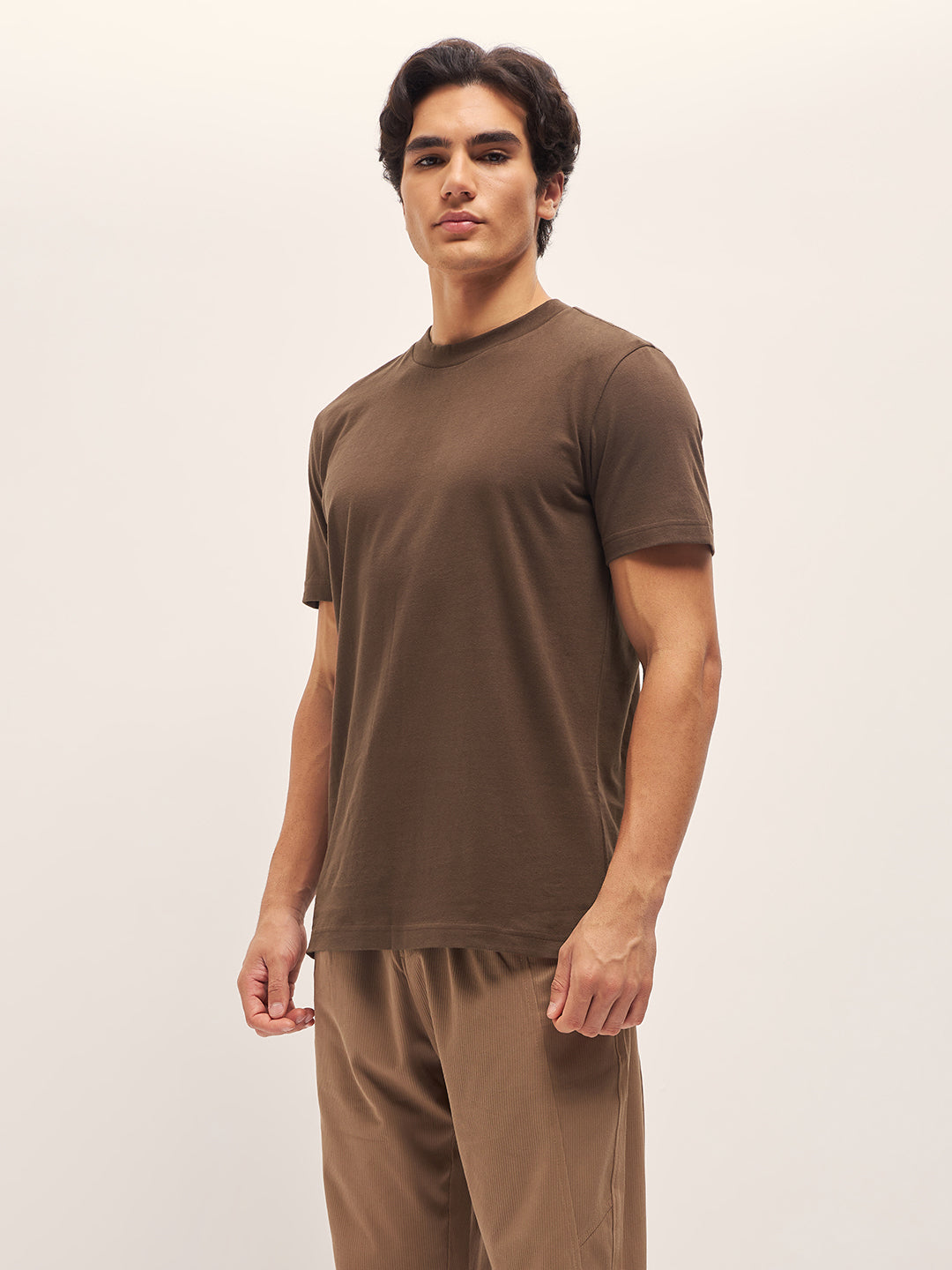 Men Brown Solid Crew Neck Regular Fit T-Shirt