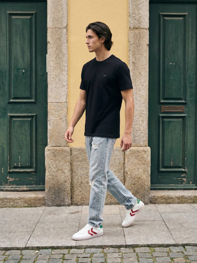 Men Black Solid Cotton Crew Neck T-Shirt