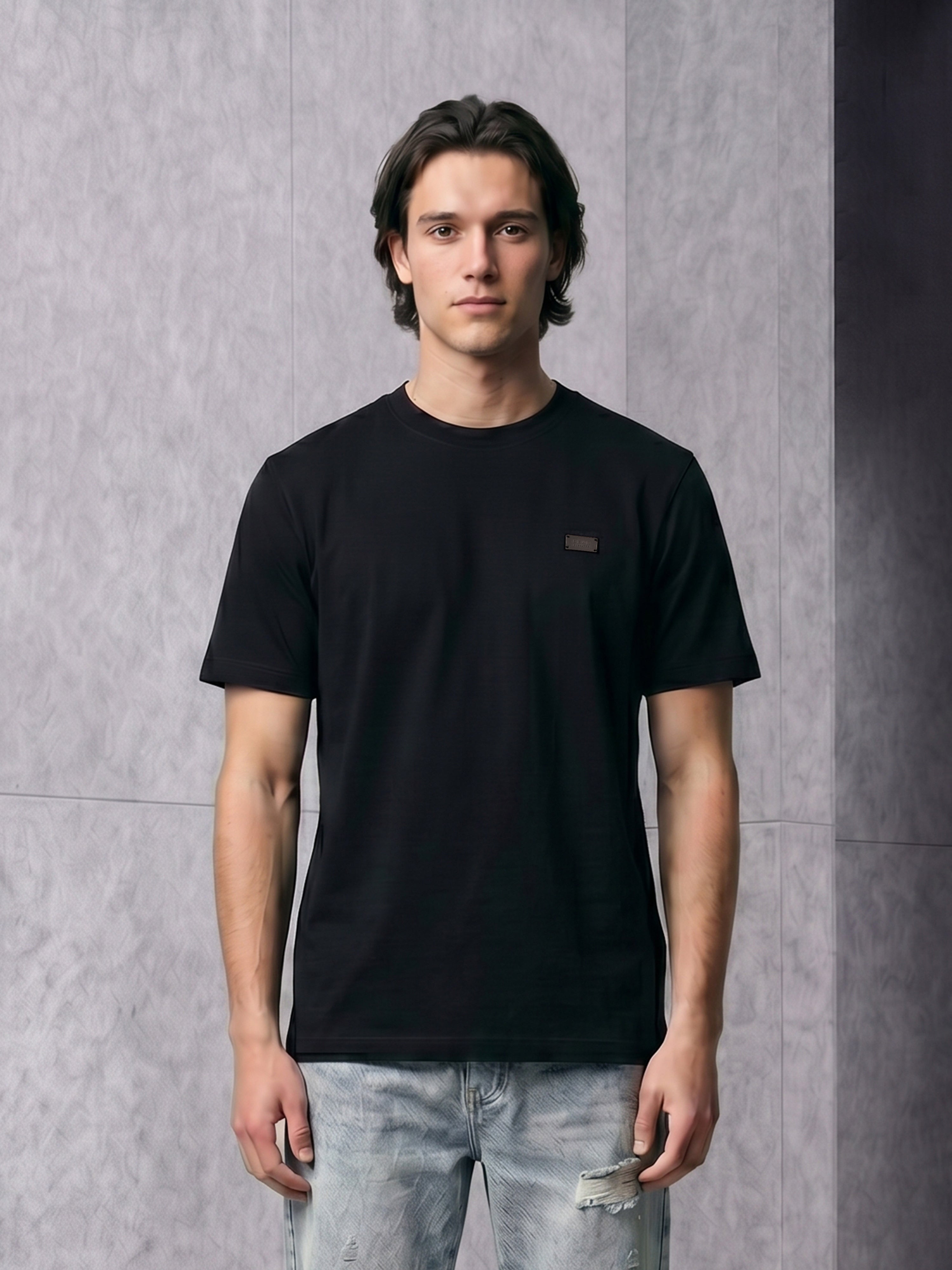 Men Black Solid Cotton Crew Neck T-Shirt