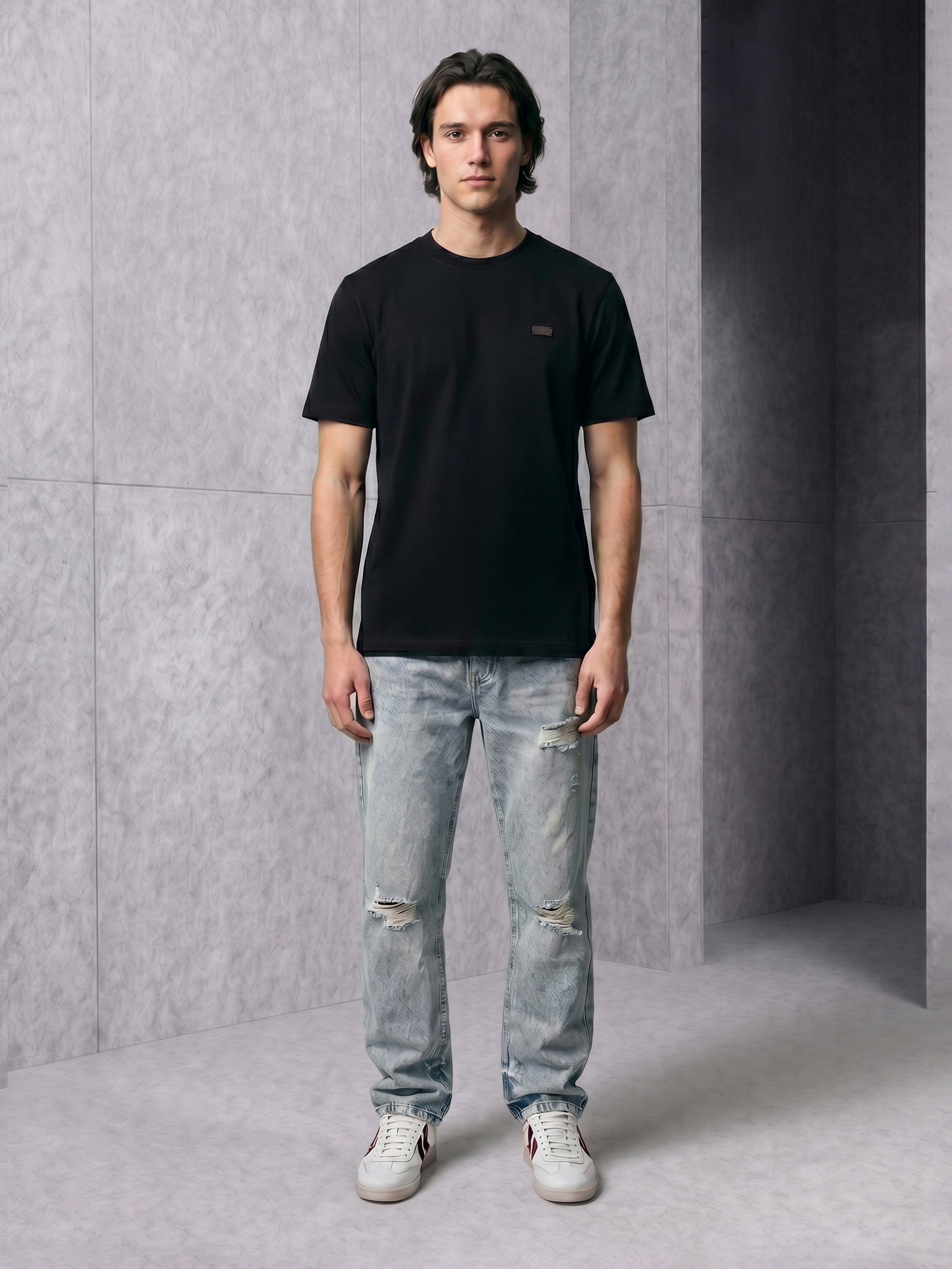 Men Black Solid Cotton Crew Neck T-Shirt