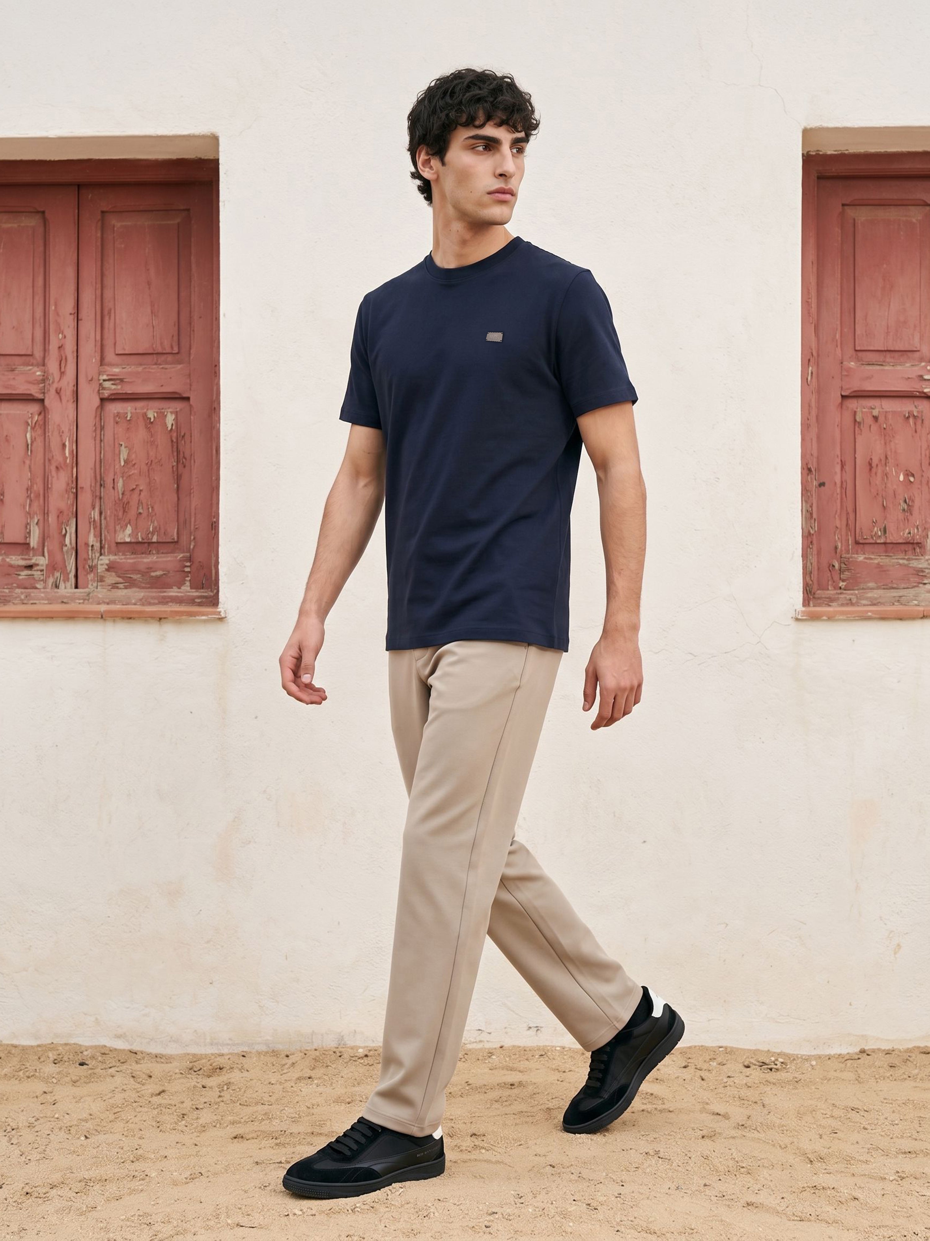 Men Navy Solid Cotton Crew Neck T-Shirt