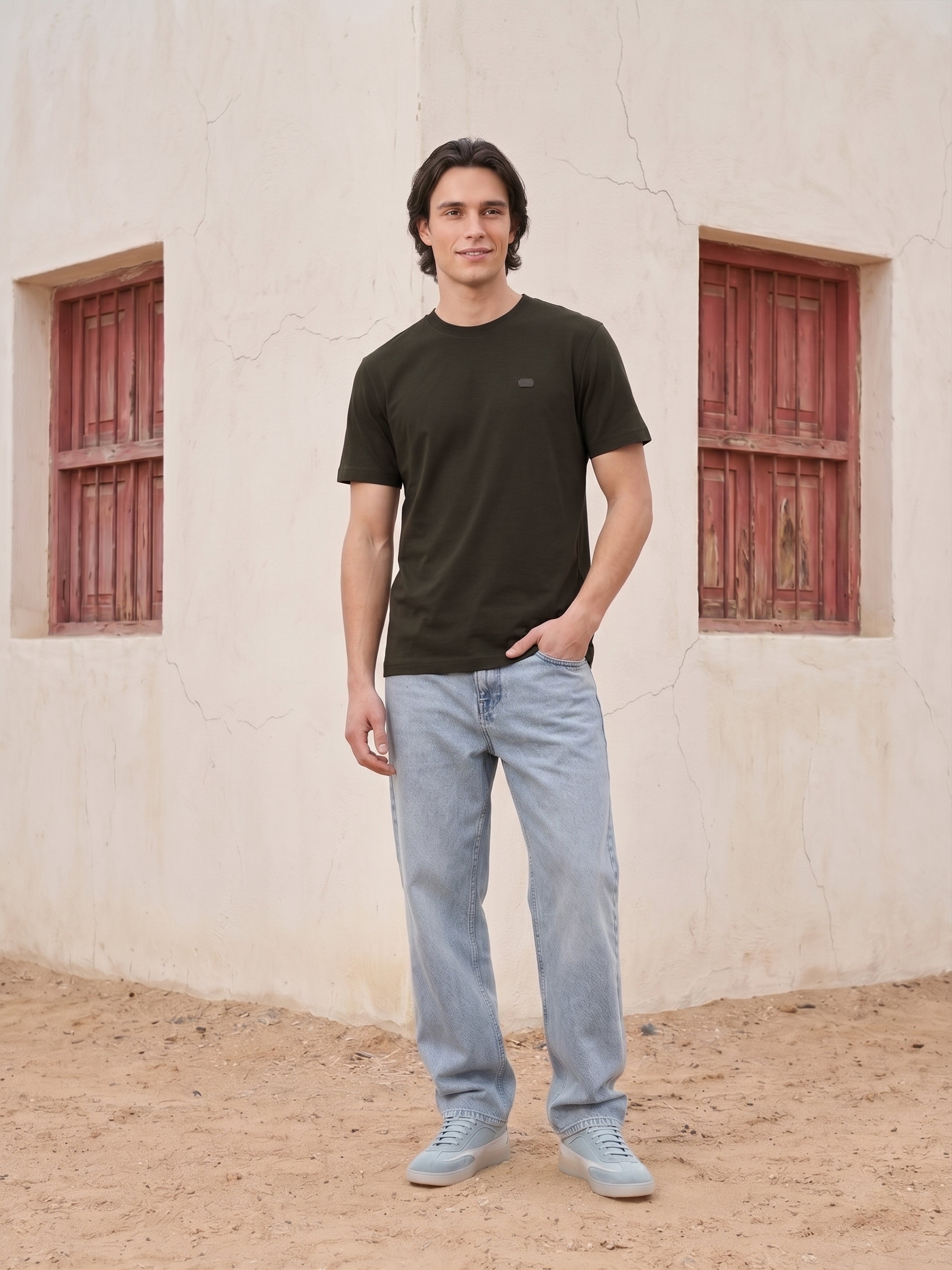Men Olive Solid Cotton Crew Neck T-Shirt