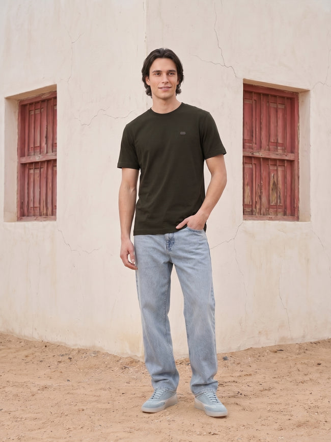 Men Olive Solid Cotton Crew Neck T-Shirt