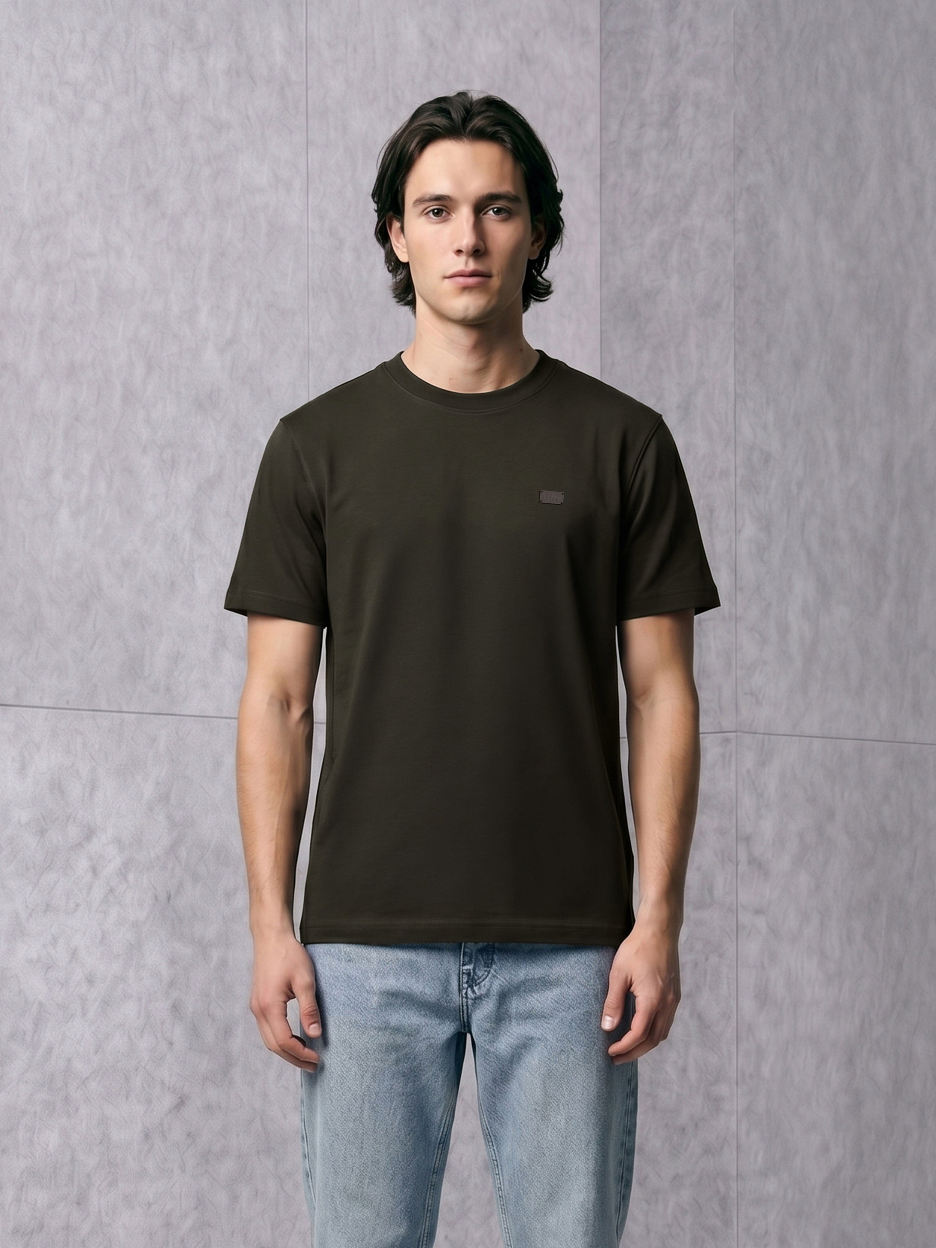 Men Olive Solid Cotton Crew Neck T-Shirt