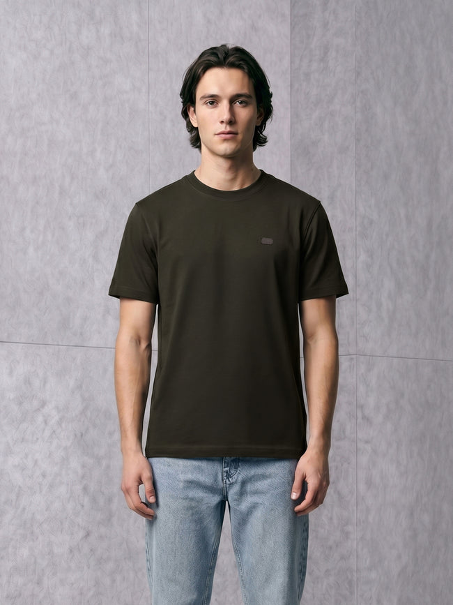 Men Olive Solid Cotton Crew Neck T-Shirt