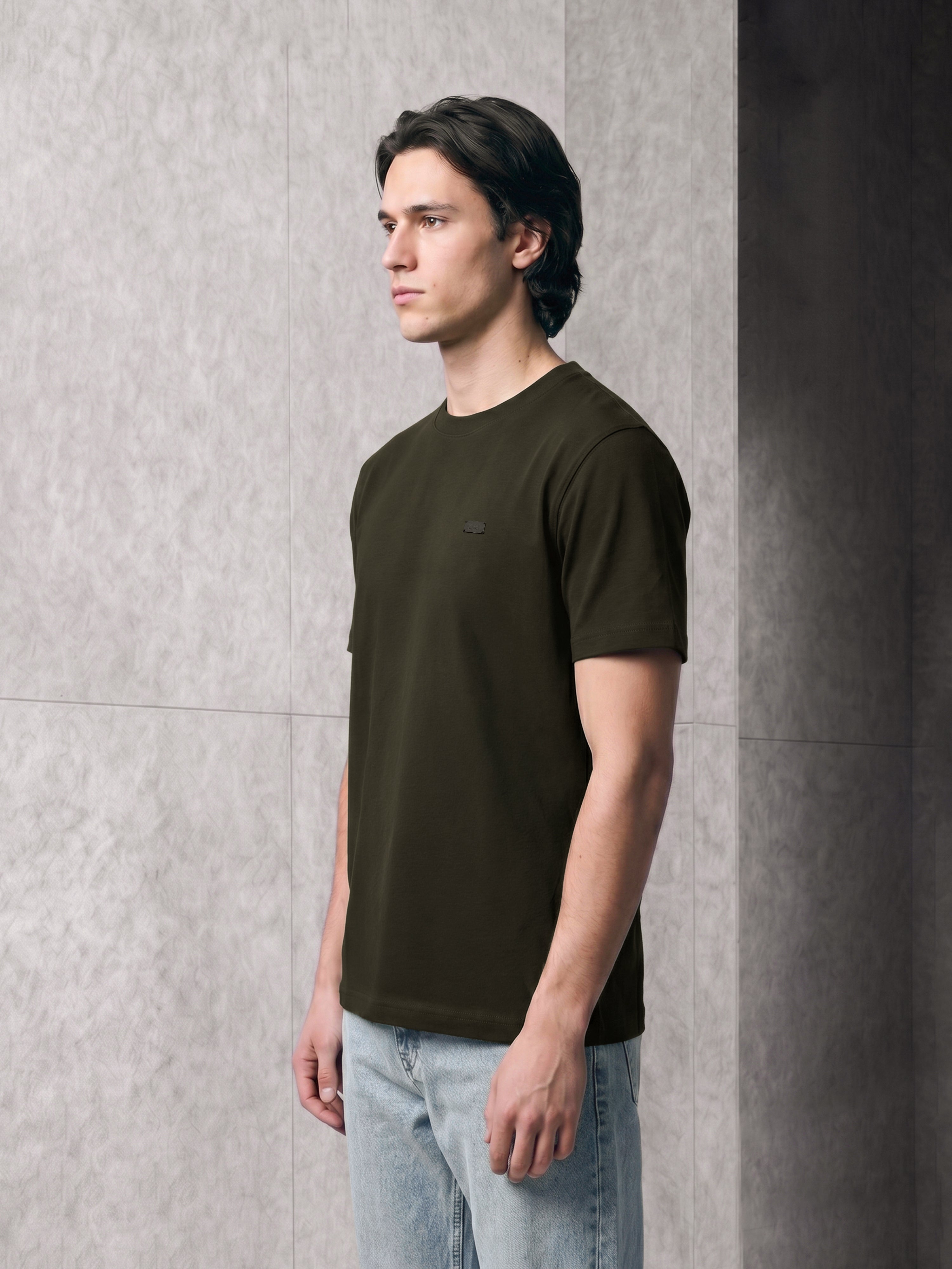 Men Olive Solid Cotton Crew Neck T-Shirt