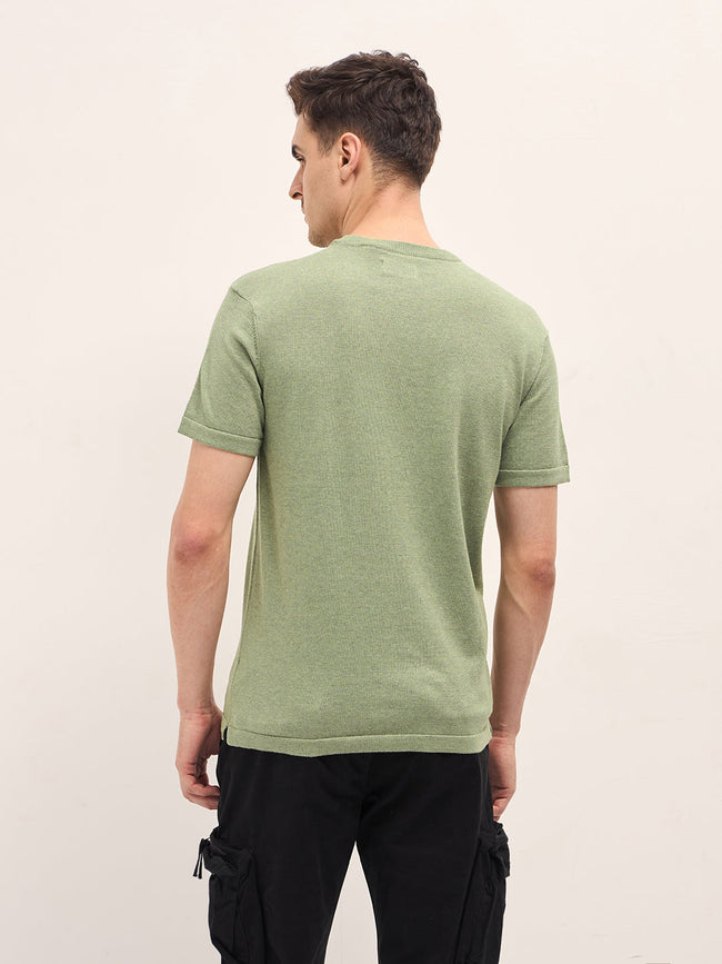 Men Light Green Solid Regular Fit Ribbed Crew Neck T-shirt