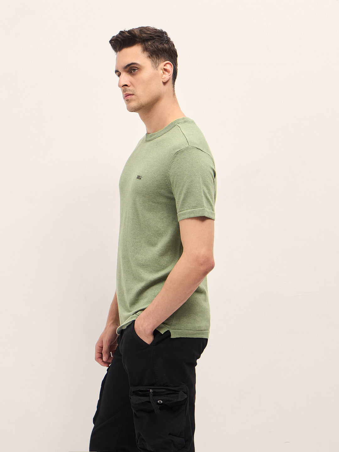 Men Light Green Solid Regular Fit Ribbed Crew Neck T-shirt