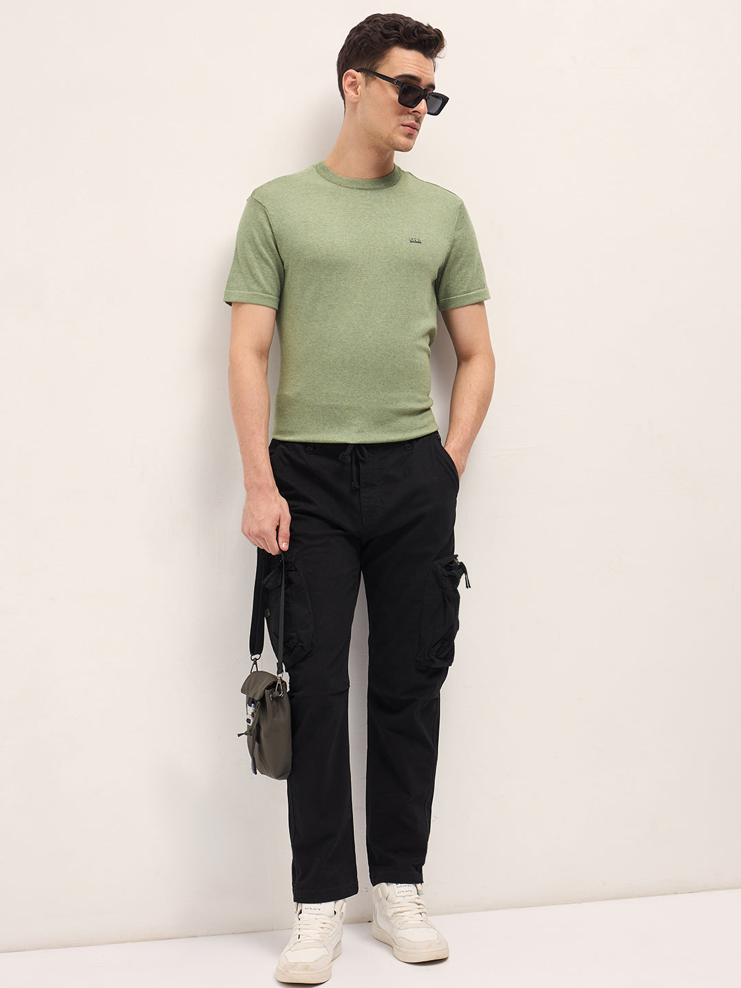 Men Light Green Solid Regular Fit Ribbed Crew Neck T-shirt
