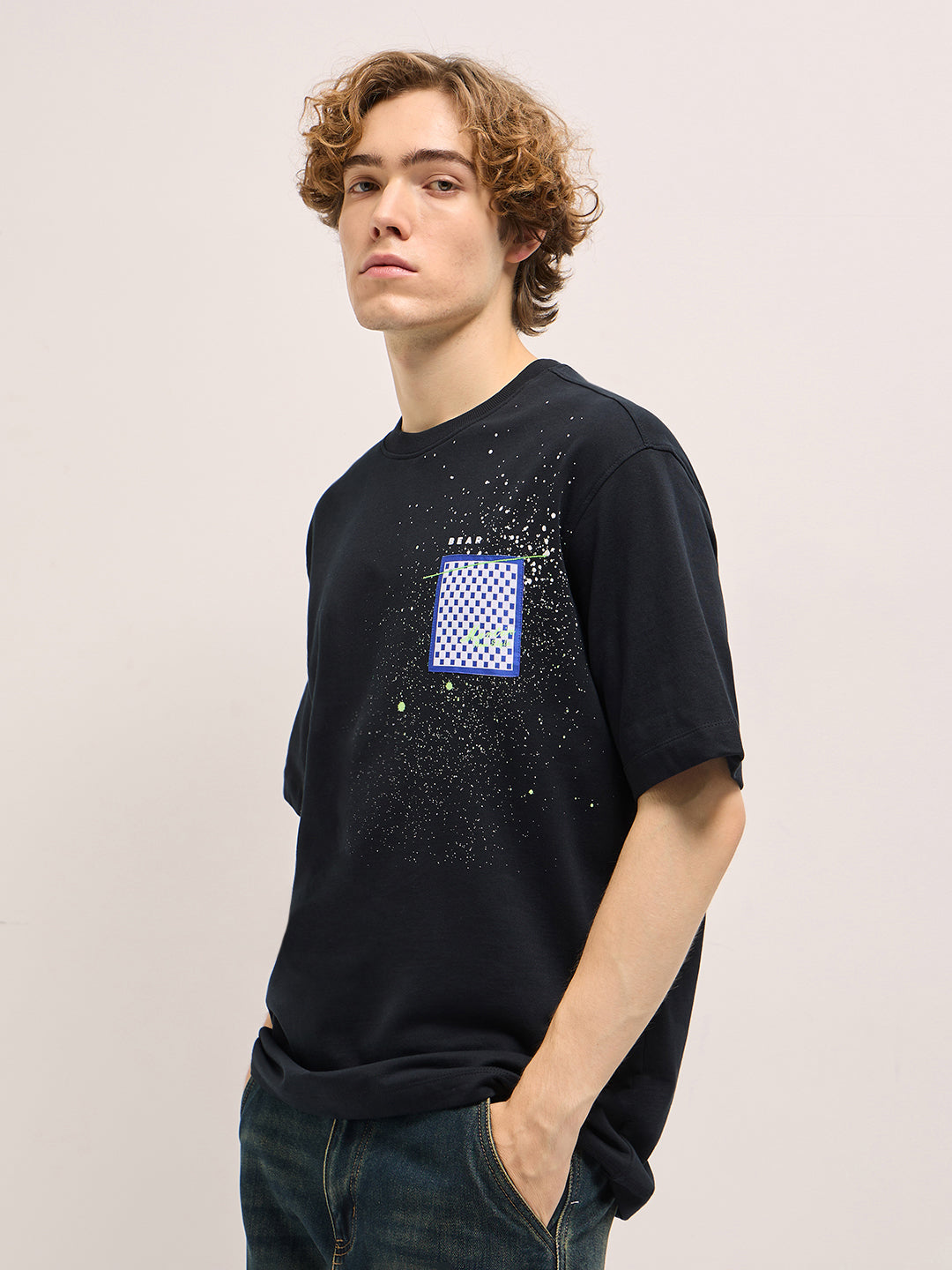 Men Black Oversize splatter paint effect Crew Neck T-shirt