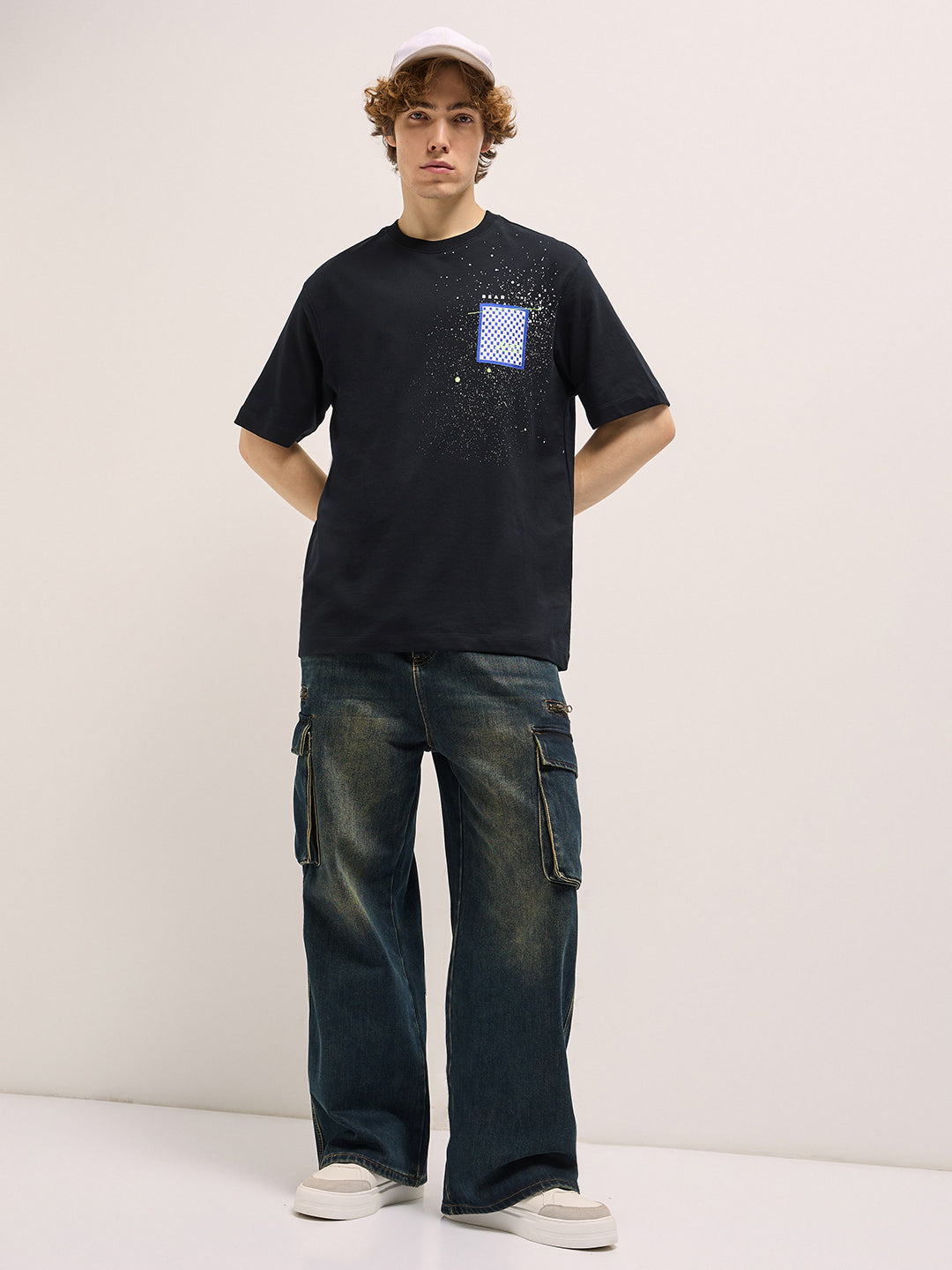 Men Black Oversize splatter paint effect Crew Neck T-shirt