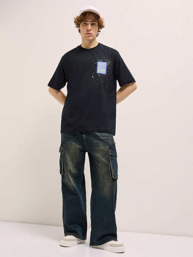Men Black Oversize splatter paint effect Crew Neck T-shirt