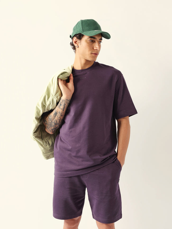 Men Purple Solid Cotton Crew Neck T-Shirt