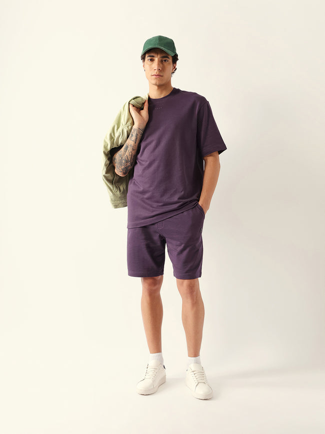 Men Purple Solid Cotton Crew Neck T-Shirt