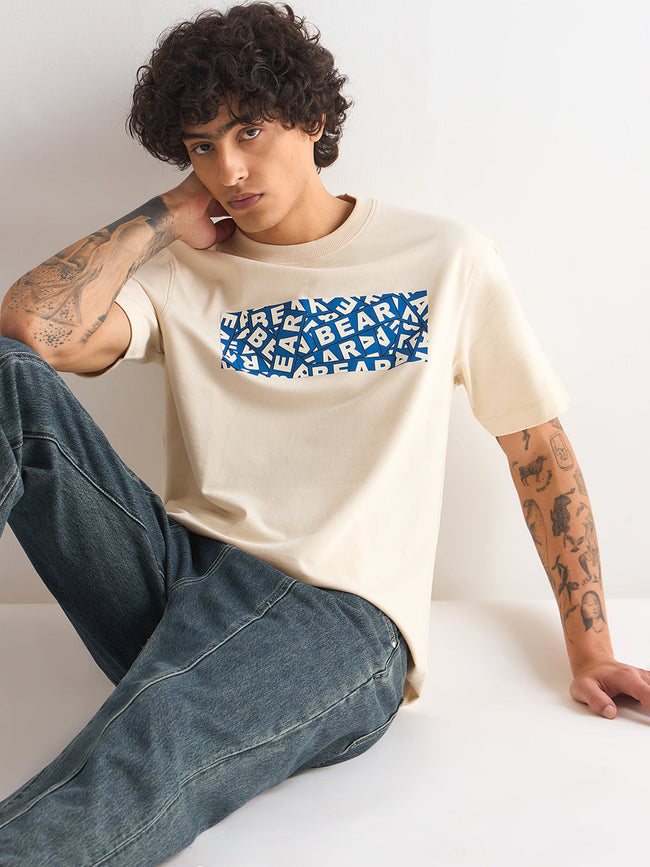 Men Cream Oversize Bold blue "BEAR" Graphic Print Crew Neck T-shirt