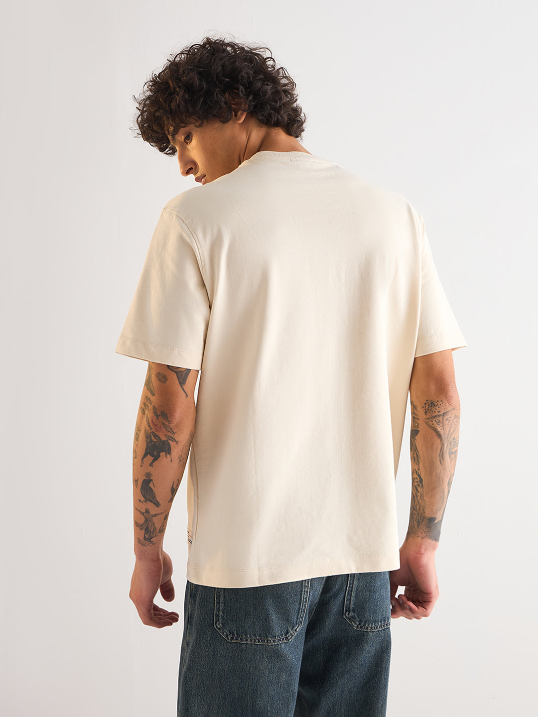 Men Cream Oversize Bold blue "BEAR" Graphic Print Crew Neck T-shirt