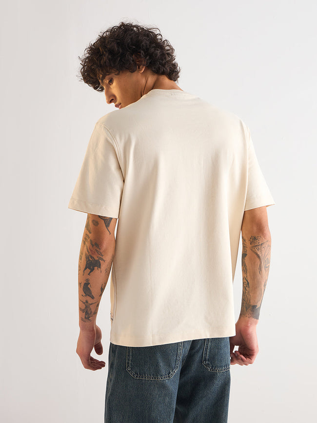 Men Cream Oversize Bold blue "BEAR" Graphic Print Crew Neck T-shirt