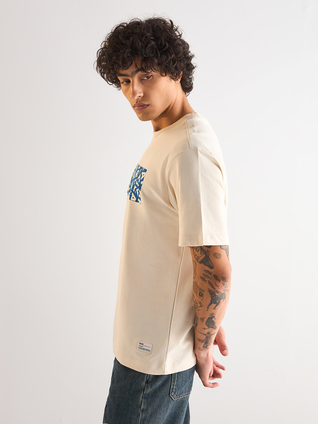Men Cream Oversize Bold blue "BEAR" Graphic Print Crew Neck T-shirt