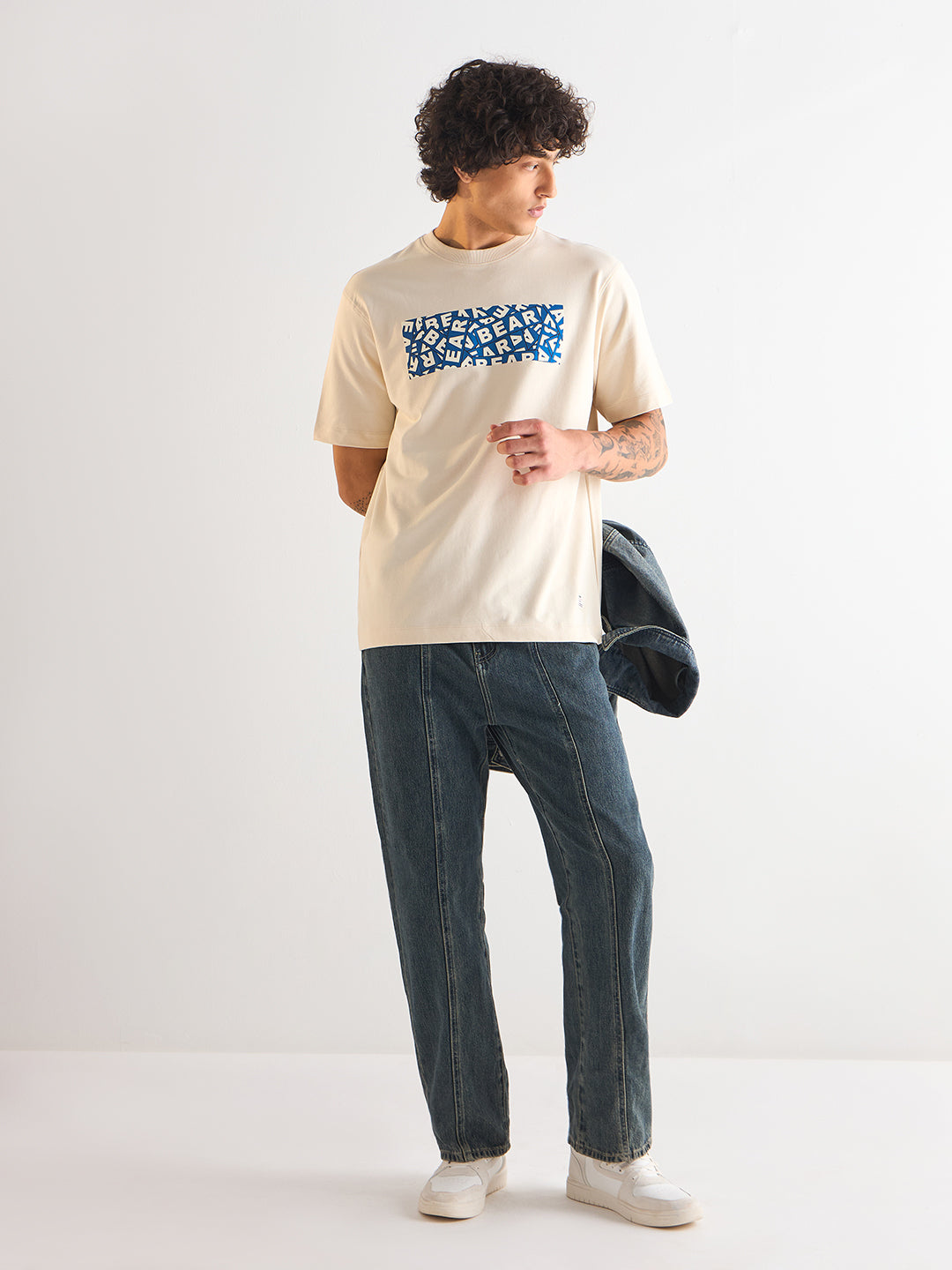 Men Cream Oversize Bold blue "BEAR" Graphic Print Crew Neck T-shirt