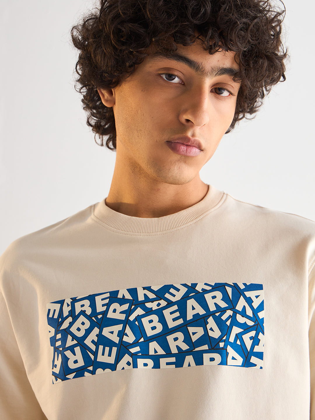 Men Cream Oversize Bold blue "BEAR" Graphic Print Crew Neck T-shirt