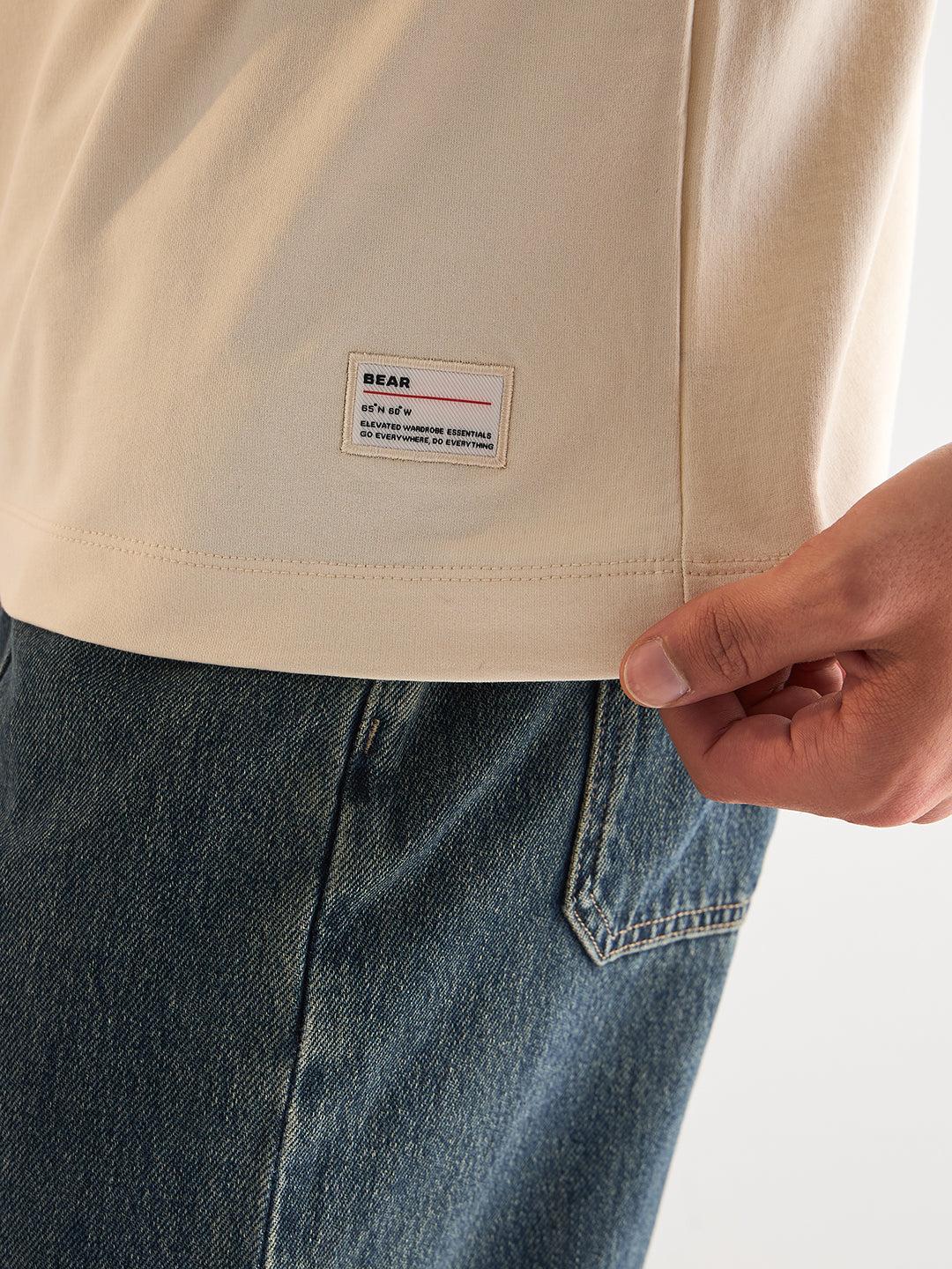 Men Cream Oversize Bold blue "BEAR" Graphic Print Crew Neck T-shirt