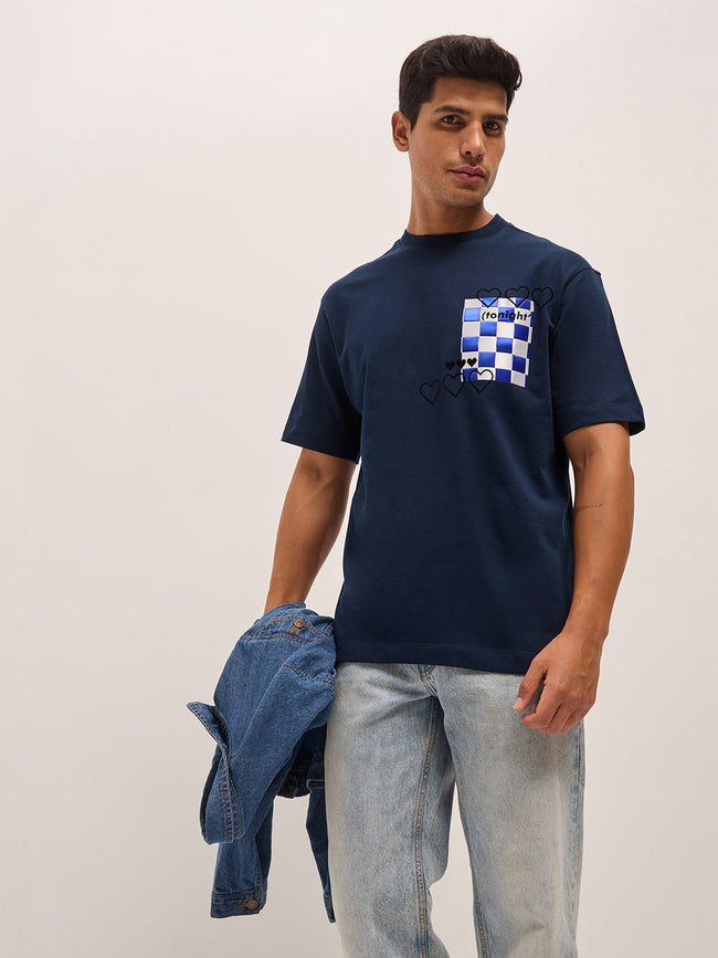 Men Navy Oversize Graphic Design Crew Neck T-shirt
