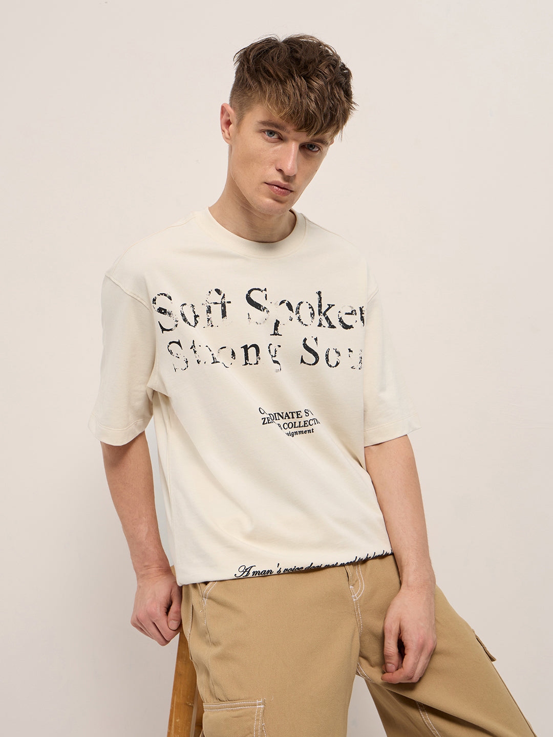 Men Beige Oversized Crew Neck T-Shirt
