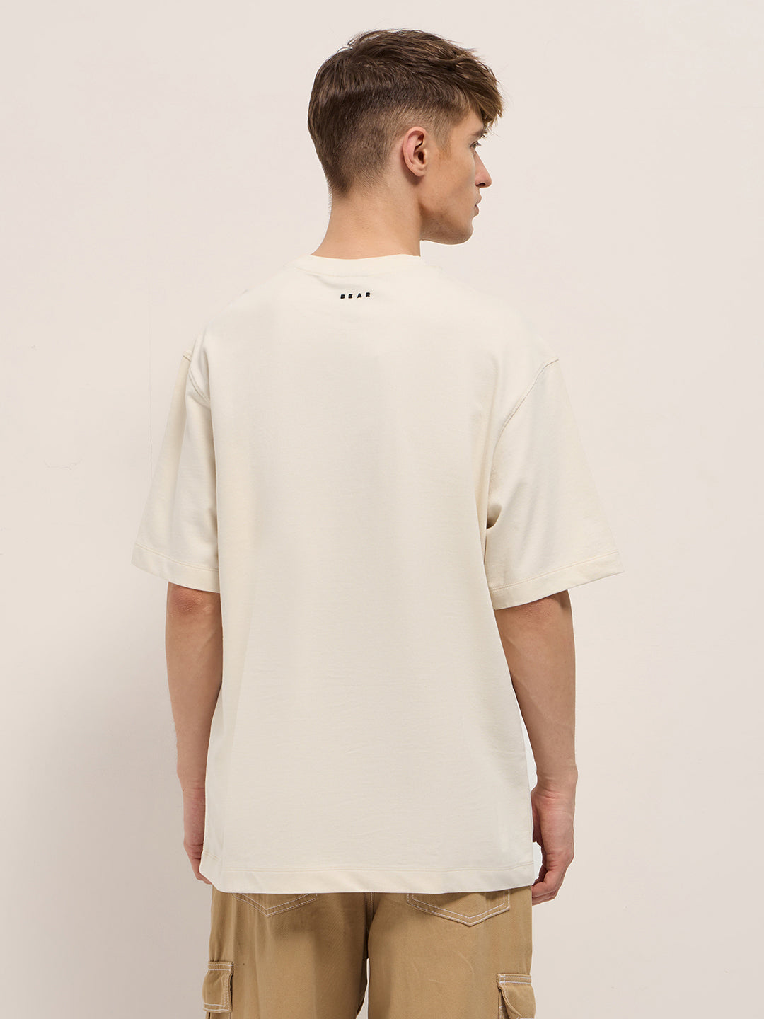 Men Beige Oversized Crew Neck T-Shirt