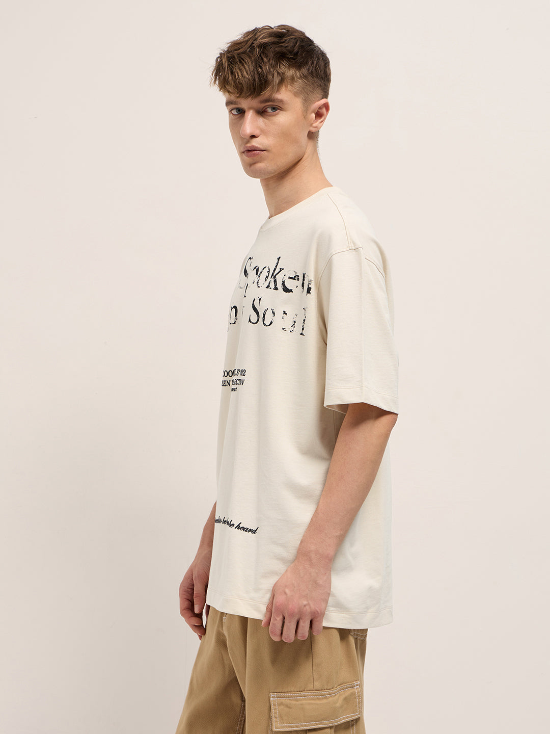 Men Beige Oversized Crew Neck T-Shirt