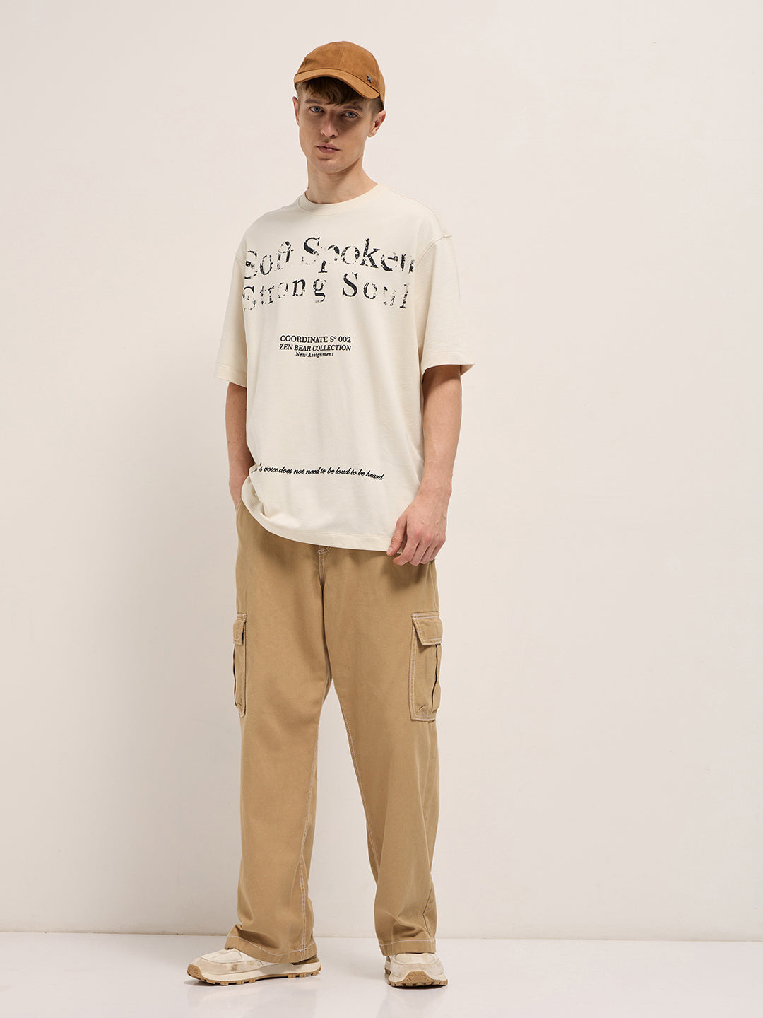 Men Beige Oversized Crew Neck T-Shirt