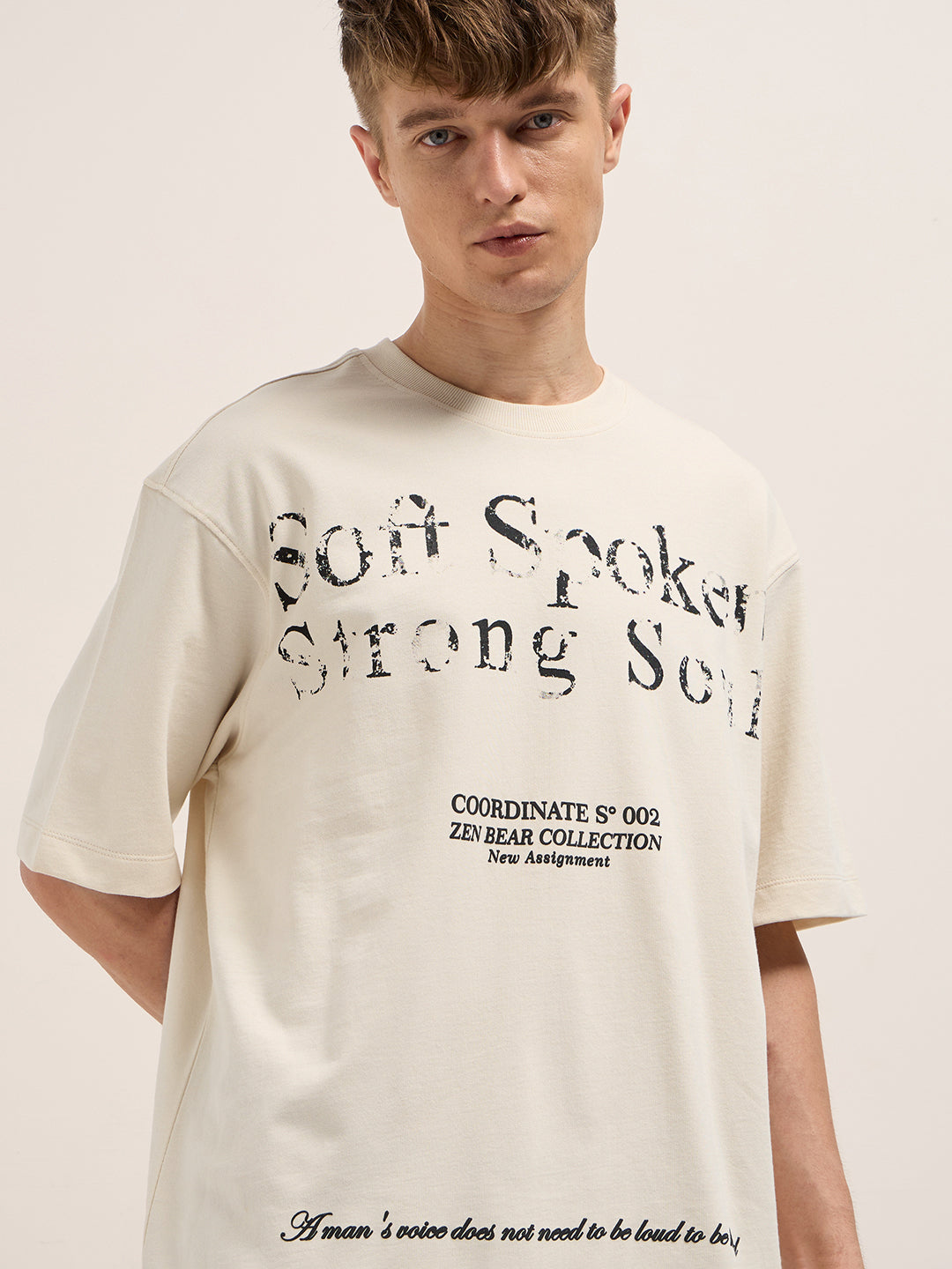 Men Beige Oversized Crew Neck T-Shirt