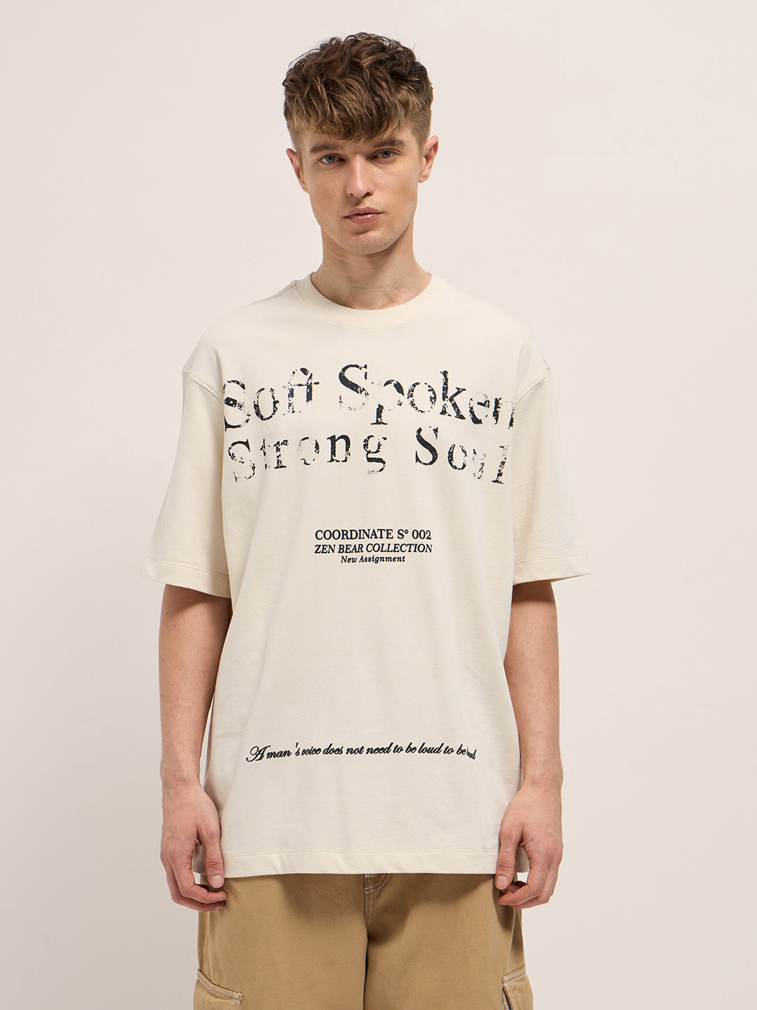 Men Beige Oversized Crew Neck T-Shirt