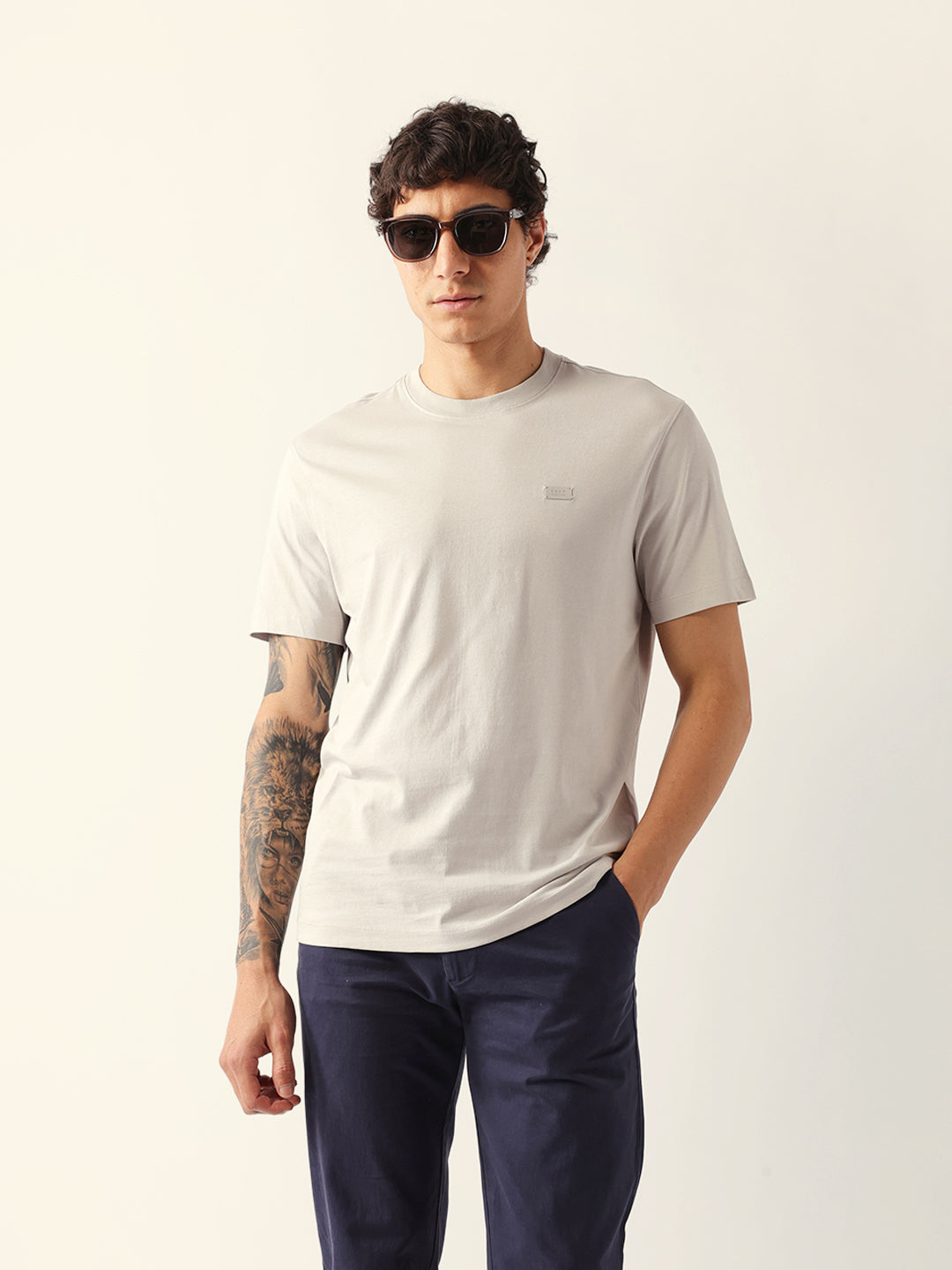 Men Grey Solid Cotton Crew Neck T-Shirt