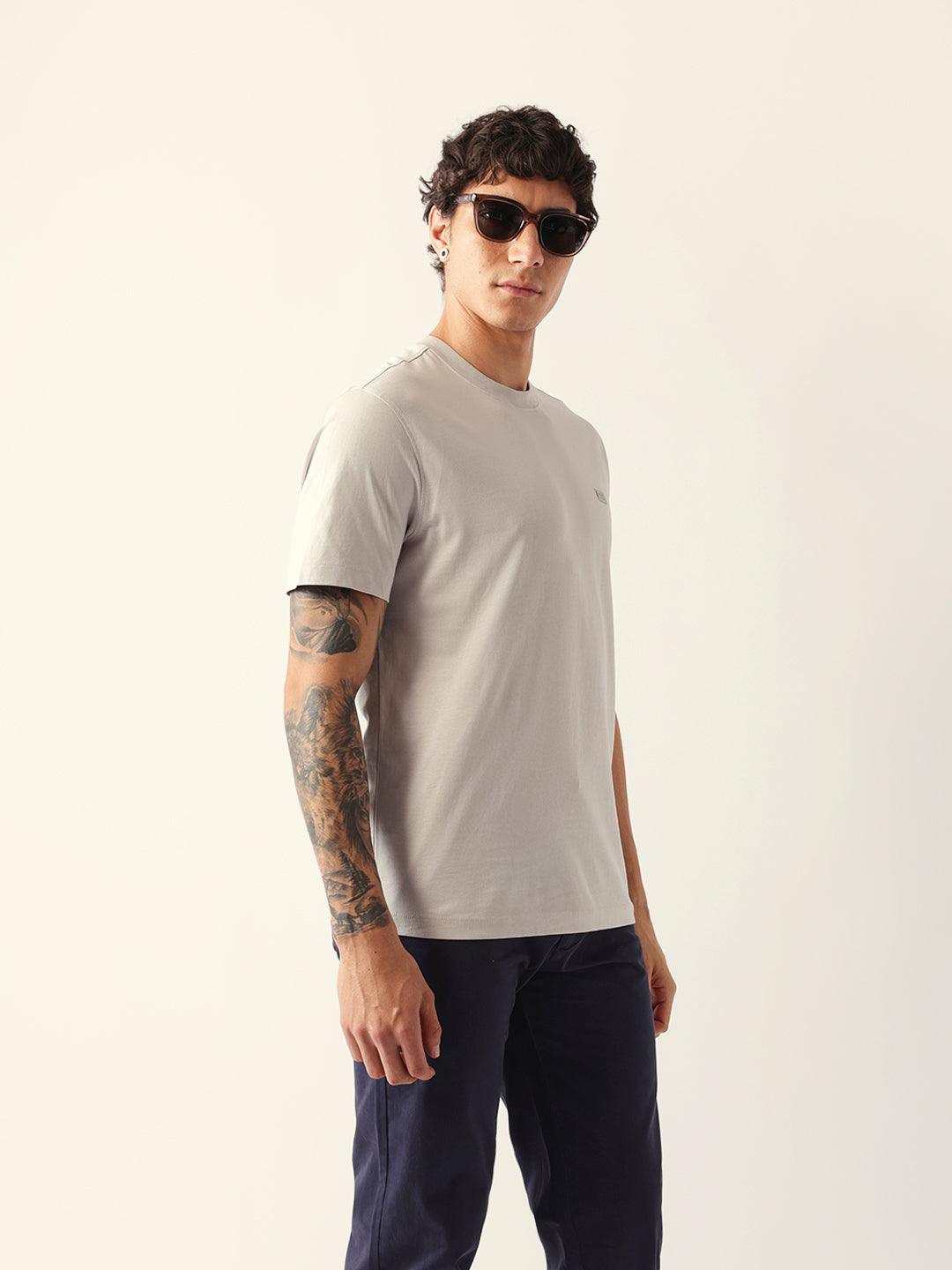 Men Grey Solid Cotton Crew Neck T-Shirt
