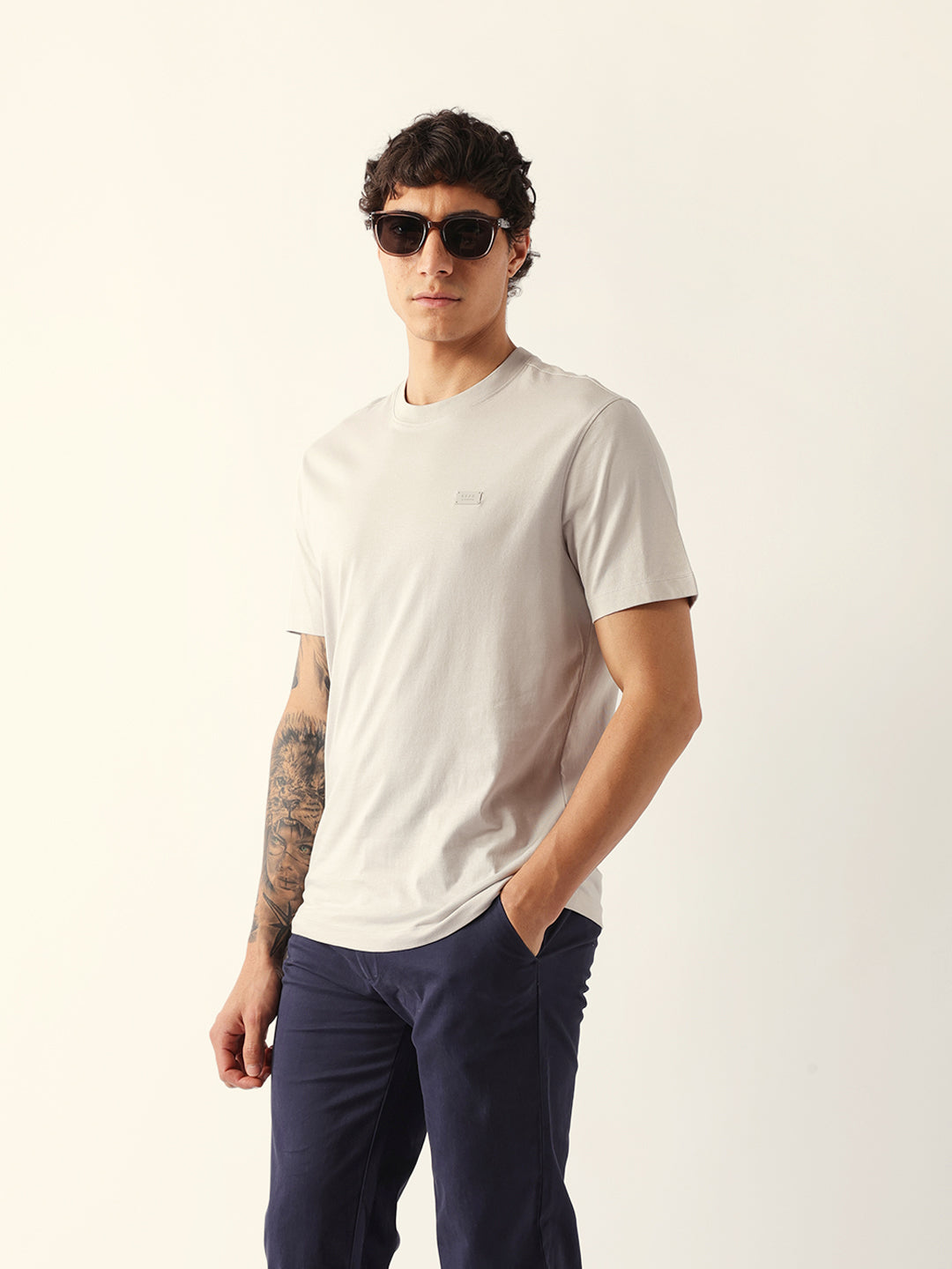 Men Grey Solid Cotton Crew Neck T-Shirt