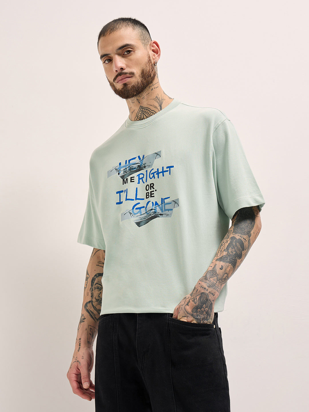 Men Light Green Graphic Print Oversize Crew Neck T-shirt