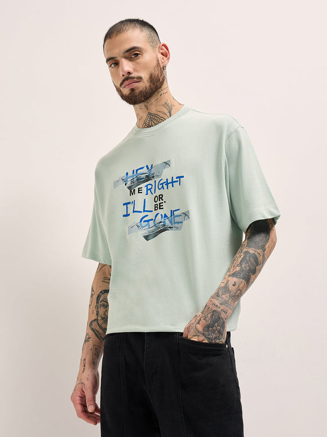 Men Light Green Graphic Print Oversize Crew Neck T-shirt