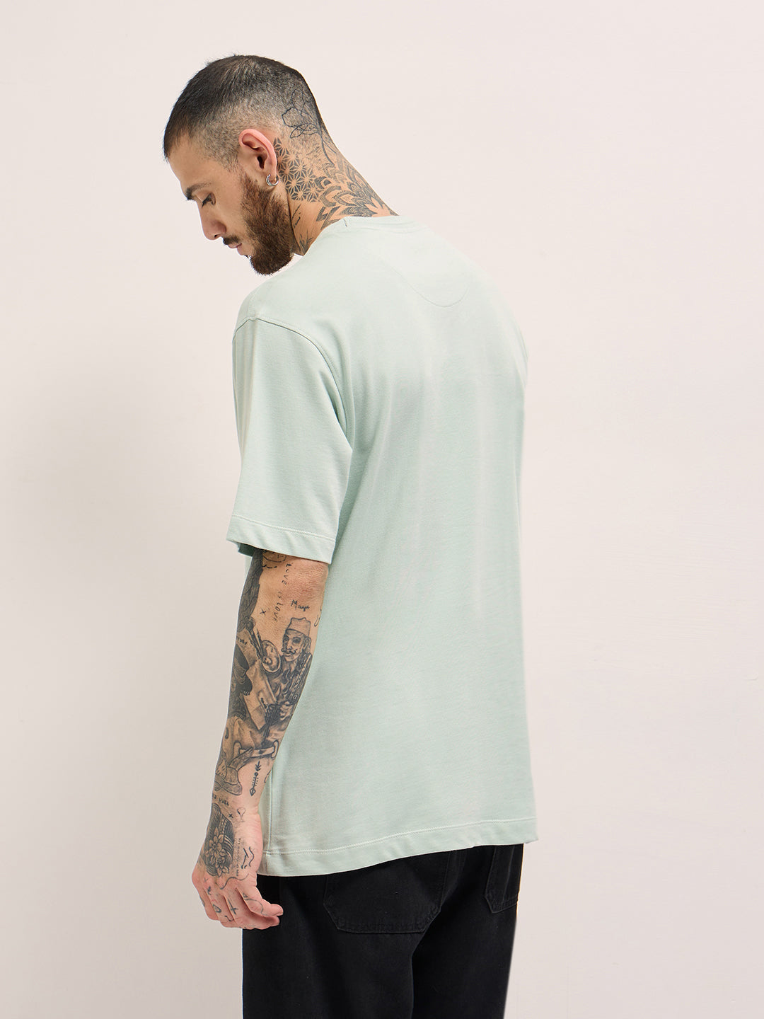 Men Light Green Graphic Print Oversize Crew Neck T-shirt