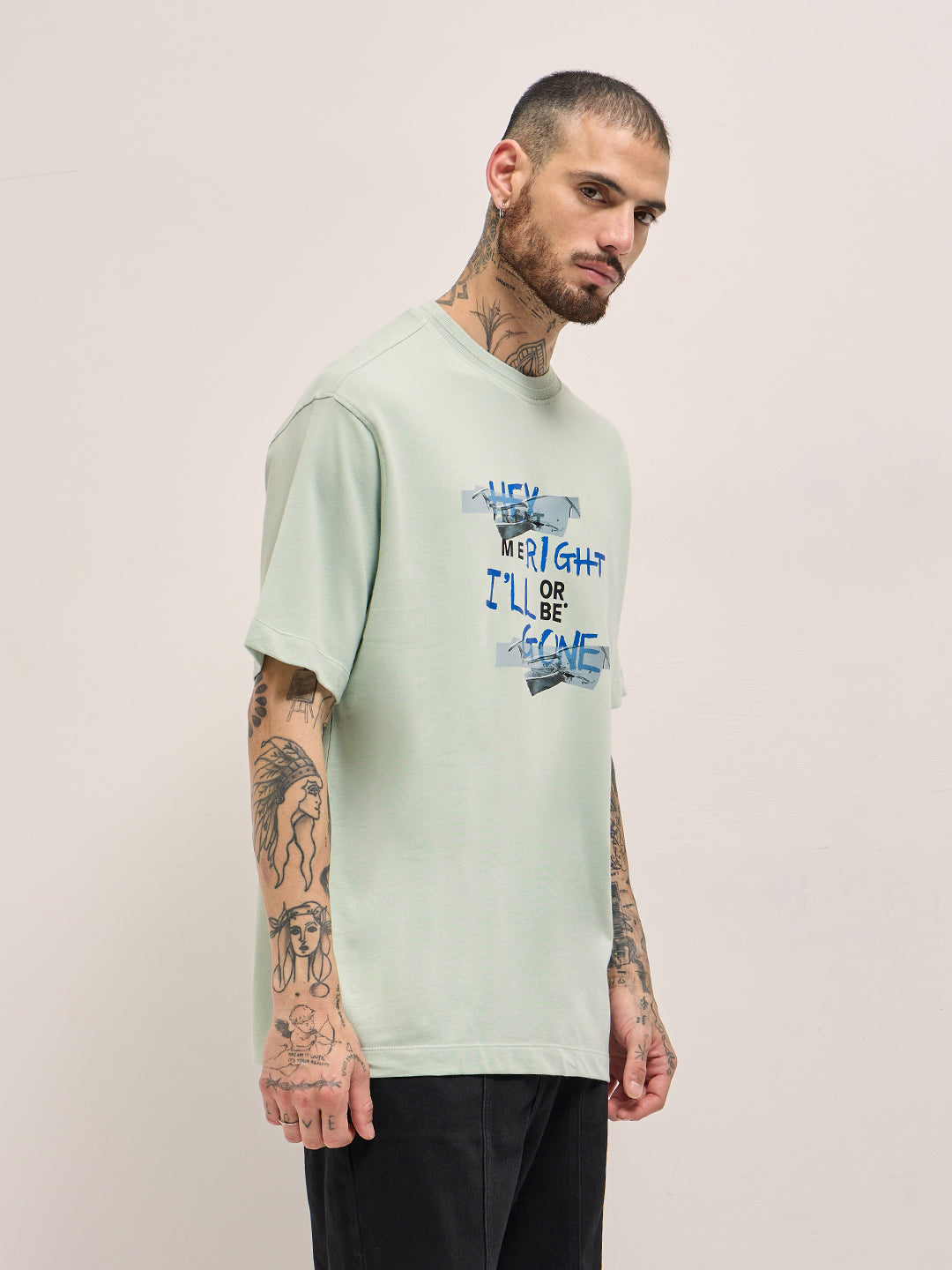 Men Light Green Graphic Print Oversize Crew Neck T-shirt
