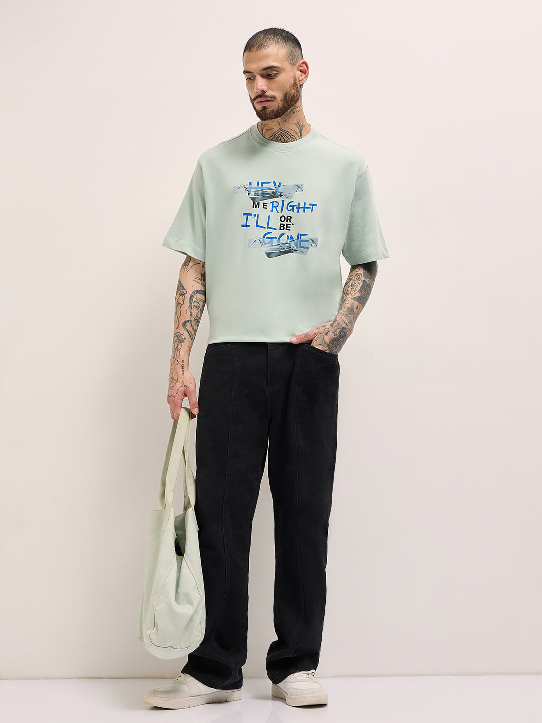 Men Light Green Graphic Print Oversize Crew Neck T-shirt