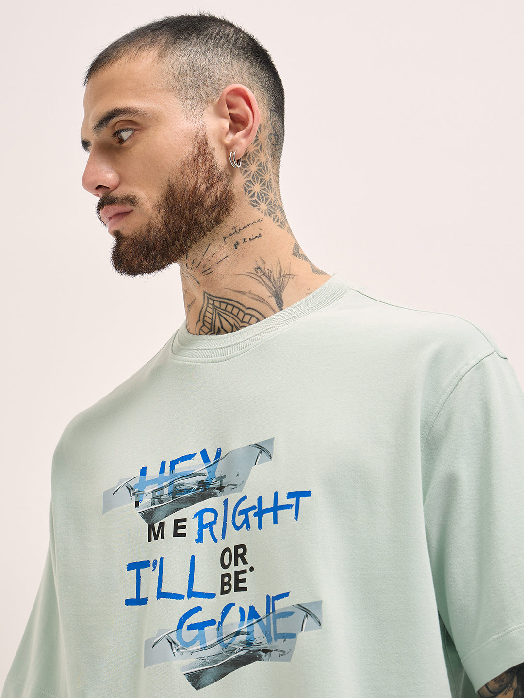 Men Light Green Graphic Print Oversize Crew Neck T-shirt